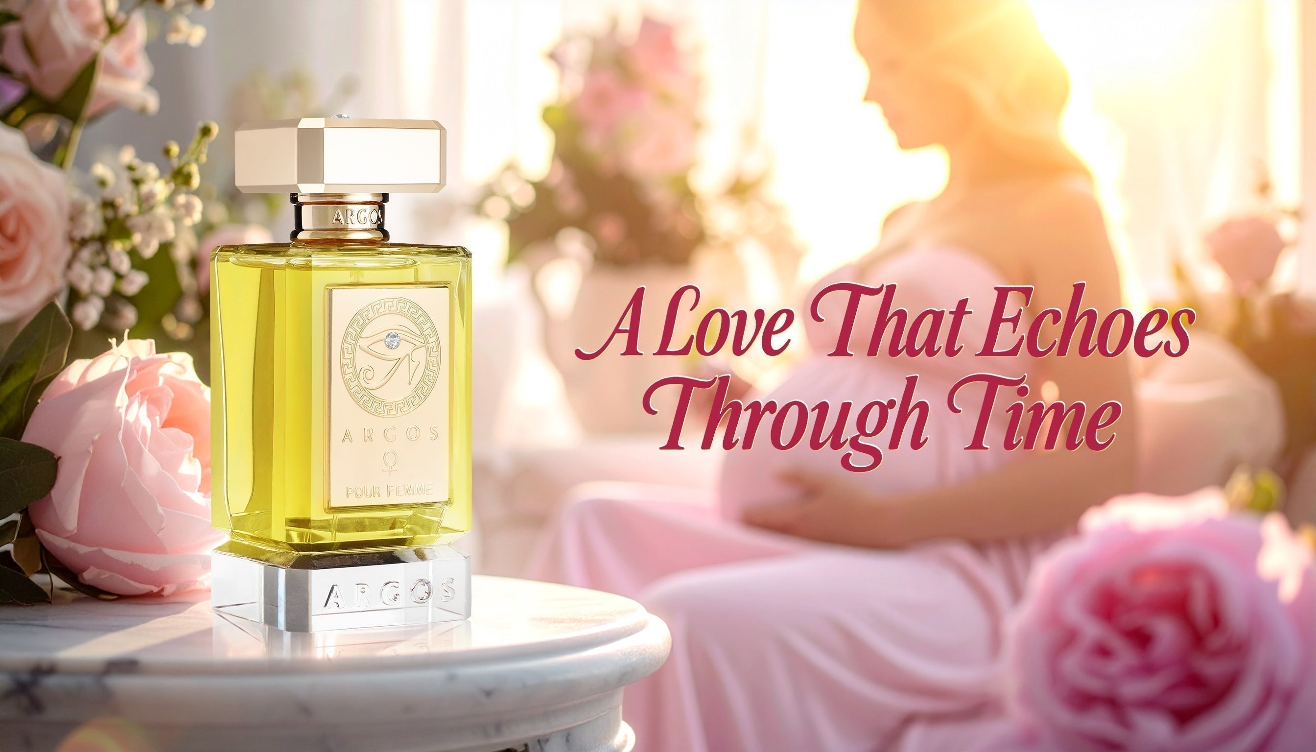 Mother holding child in soft pastel setting with luxury perfume bottle – Mother's Day fragrance gift guide