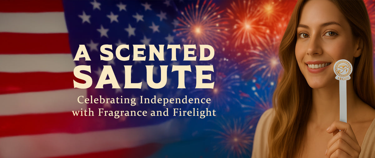 Fireworks lighting up the sky above a perfume bottle, symbolizing fragrance and freedom on Independence Day.