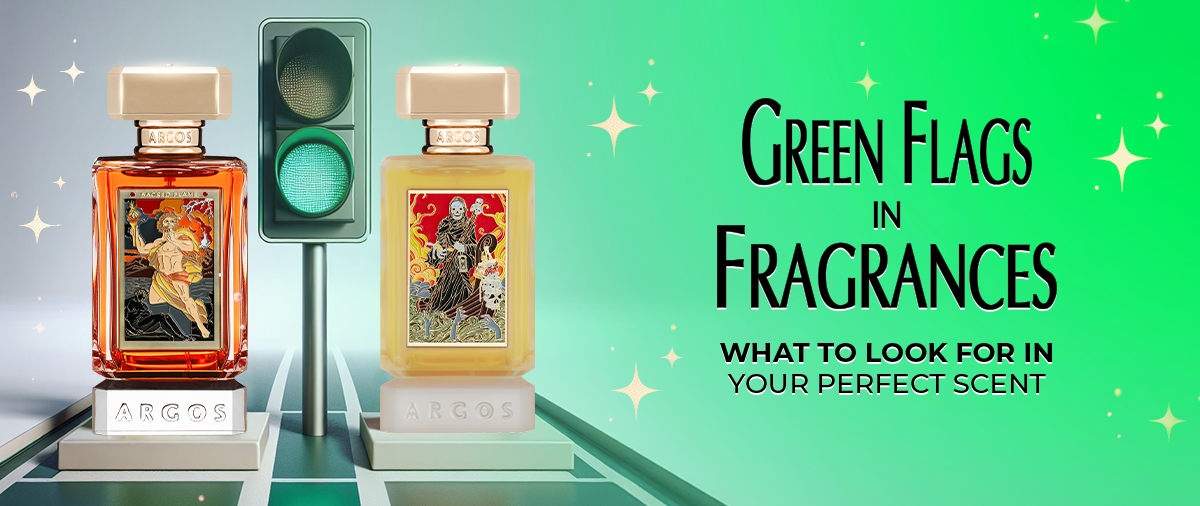 Elegant perfume bottles with lush greenery and soft light, symbolizing the journey to discovering your signature fragrance through green flags.