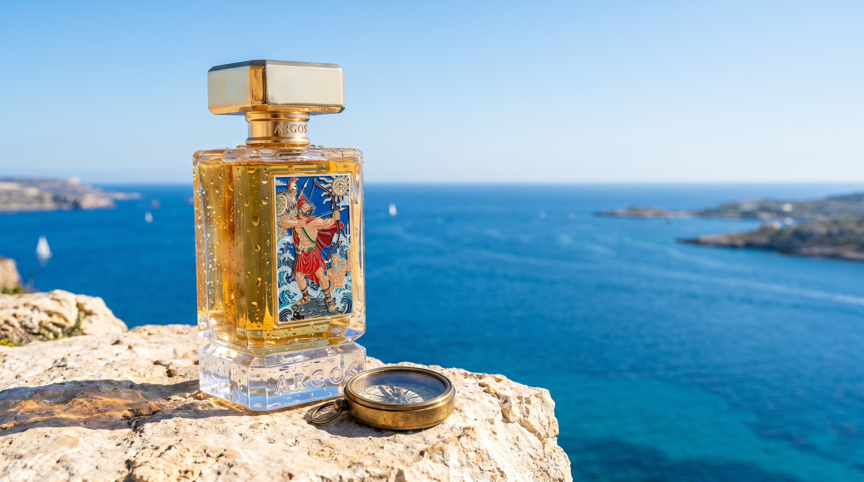 Odyssey The Legend Returns Extrait de Parfum by Argos Fragrances standing on ancient white marble at a Mediterranean cliff edge with towering Ionic stone columns and a vast sapphire sea at golden hour, Artist Series XIII luxury niche cologne