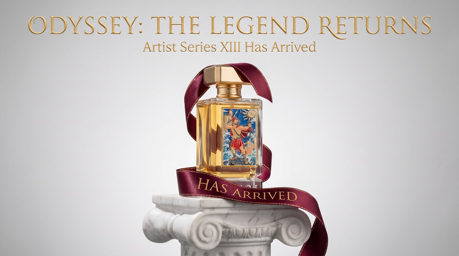 Argos Odyssey Perfume bottle with decorative ribbon on a pedestal, featuring 'Odyssey: The Legend Returns' text.