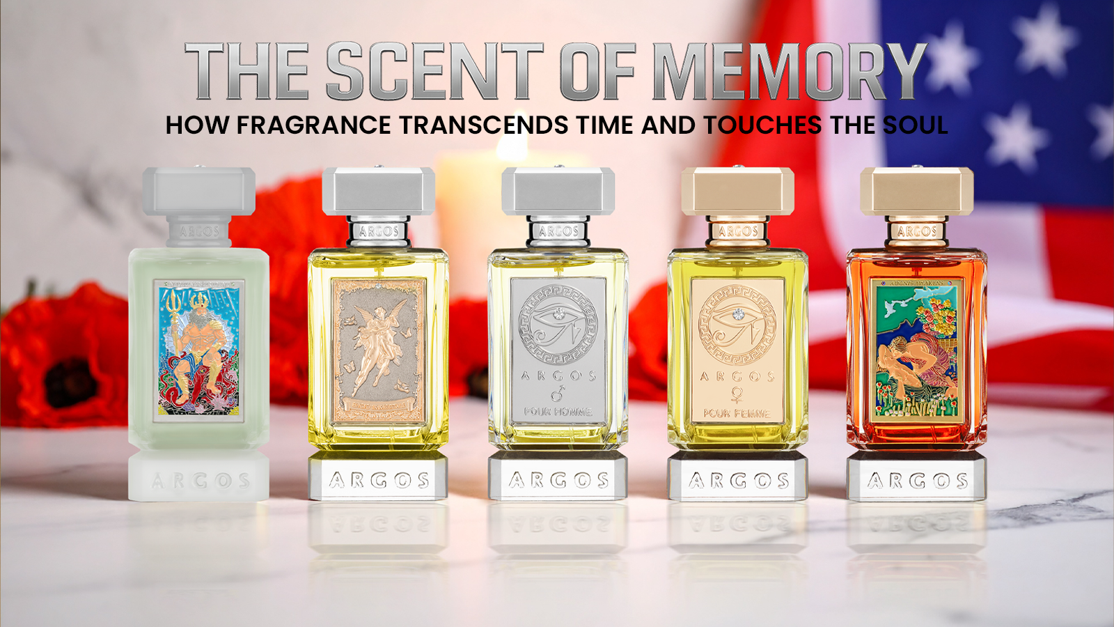 A symbolic Memorial Day banner featuring Argos fragrances, evoking nostalgia and remembrance through scent.