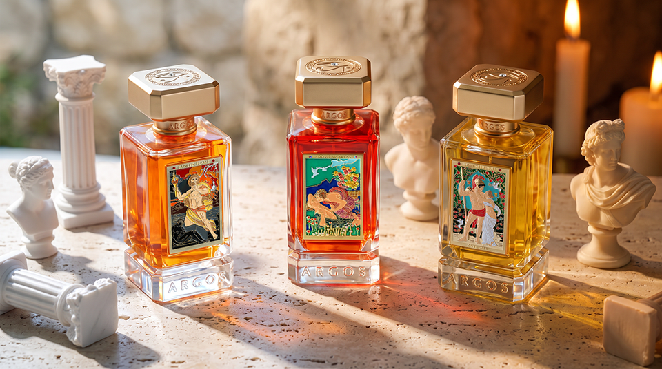 Sacred Flame, Adonis Awakens, and Love Triumphs Over War Argos Fragrances niche perfume bottles on dark marble in warm evening light