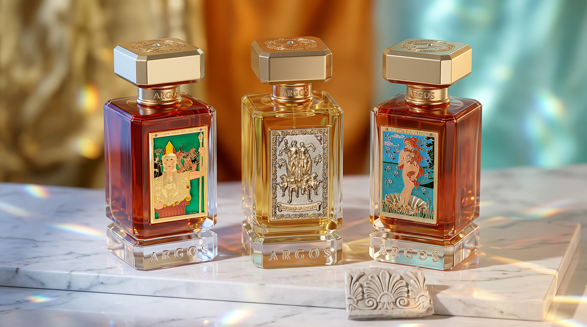Pallas Athene, Triumph of Bacchus, and Birth of Venus Argos Fragrances niche perfume bottles on white marble