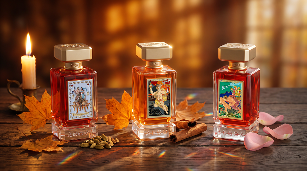 Triumph of Bacchus Extrait, Sacred Flame, and Adonis Awakens Argos Fragrances niche perfume bottles on dark aged wood