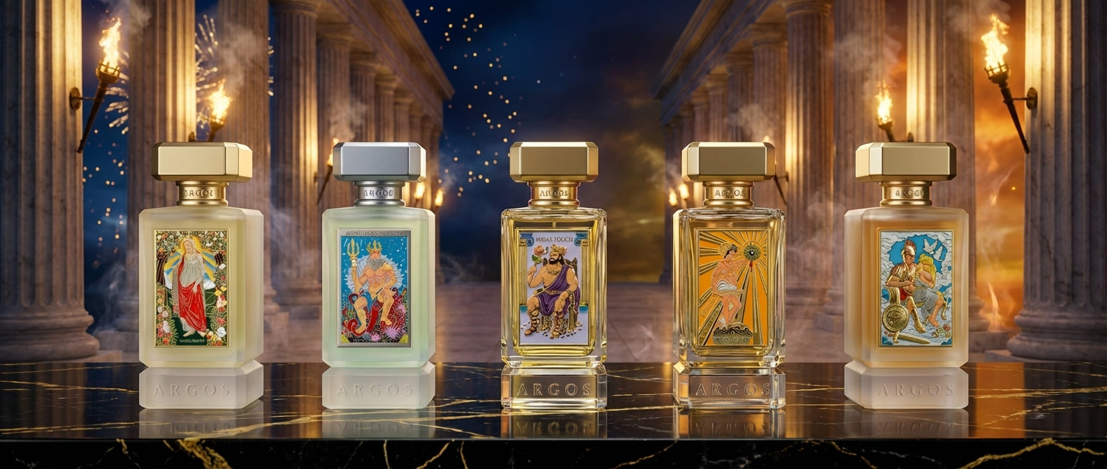 Best Argos fragrances collection featuring five mythic perfumes in marble corridor with torchlight for New Year