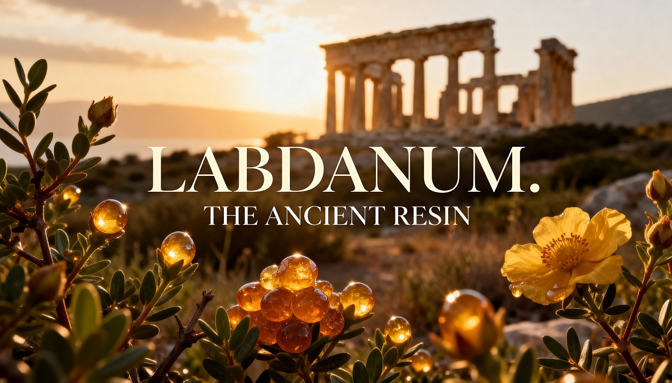 Labdanum resin on Cistus rockrose plant with ancient Greek temple ruins