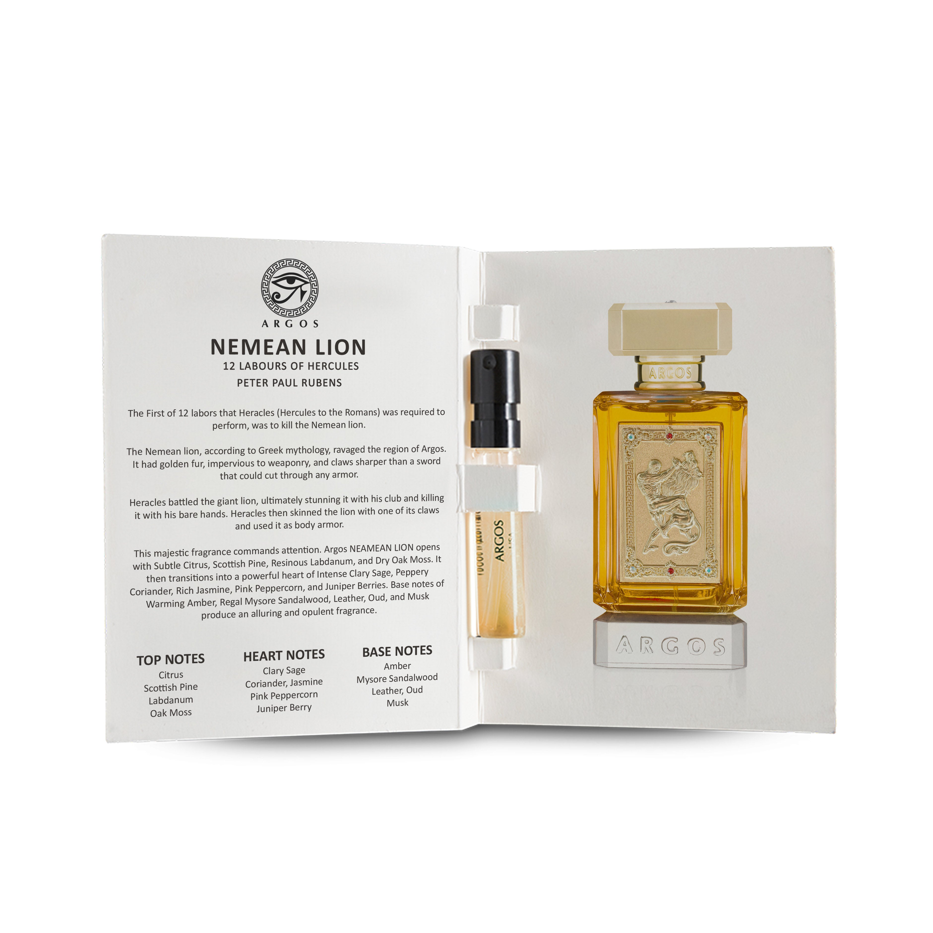 Argos Nemean Lion sample vail and booklet with fragrance charactersitics and ingredients details