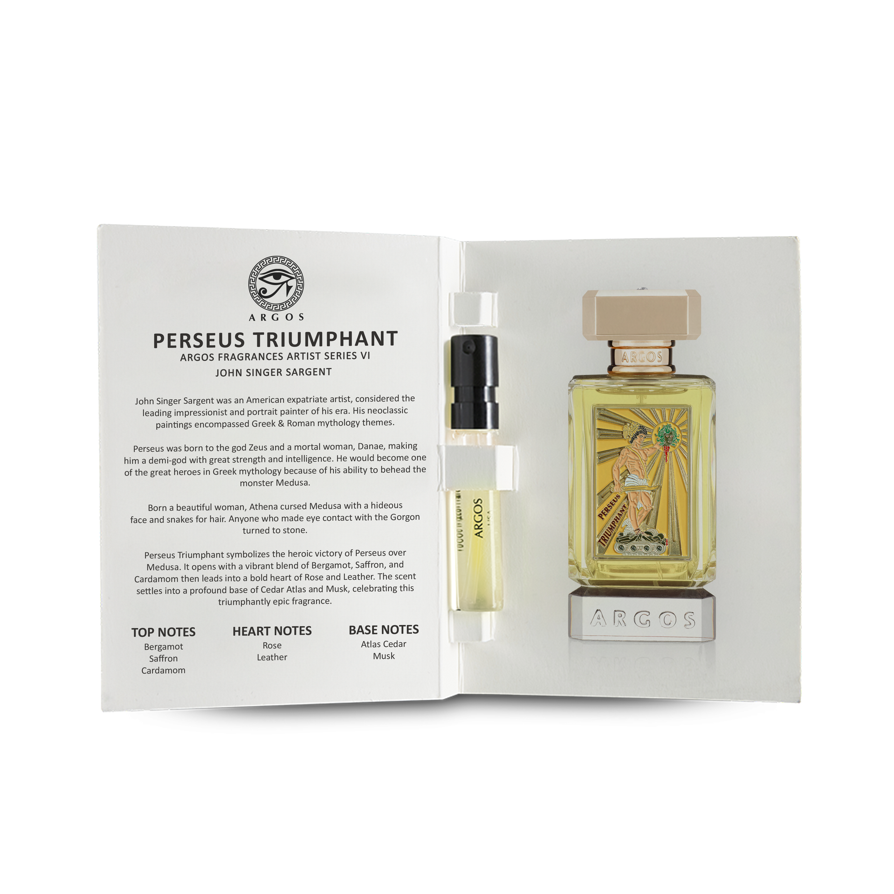 Argos Perseus Triumphant Perfume sample bottle with packaging featuring text and graphics on a white background