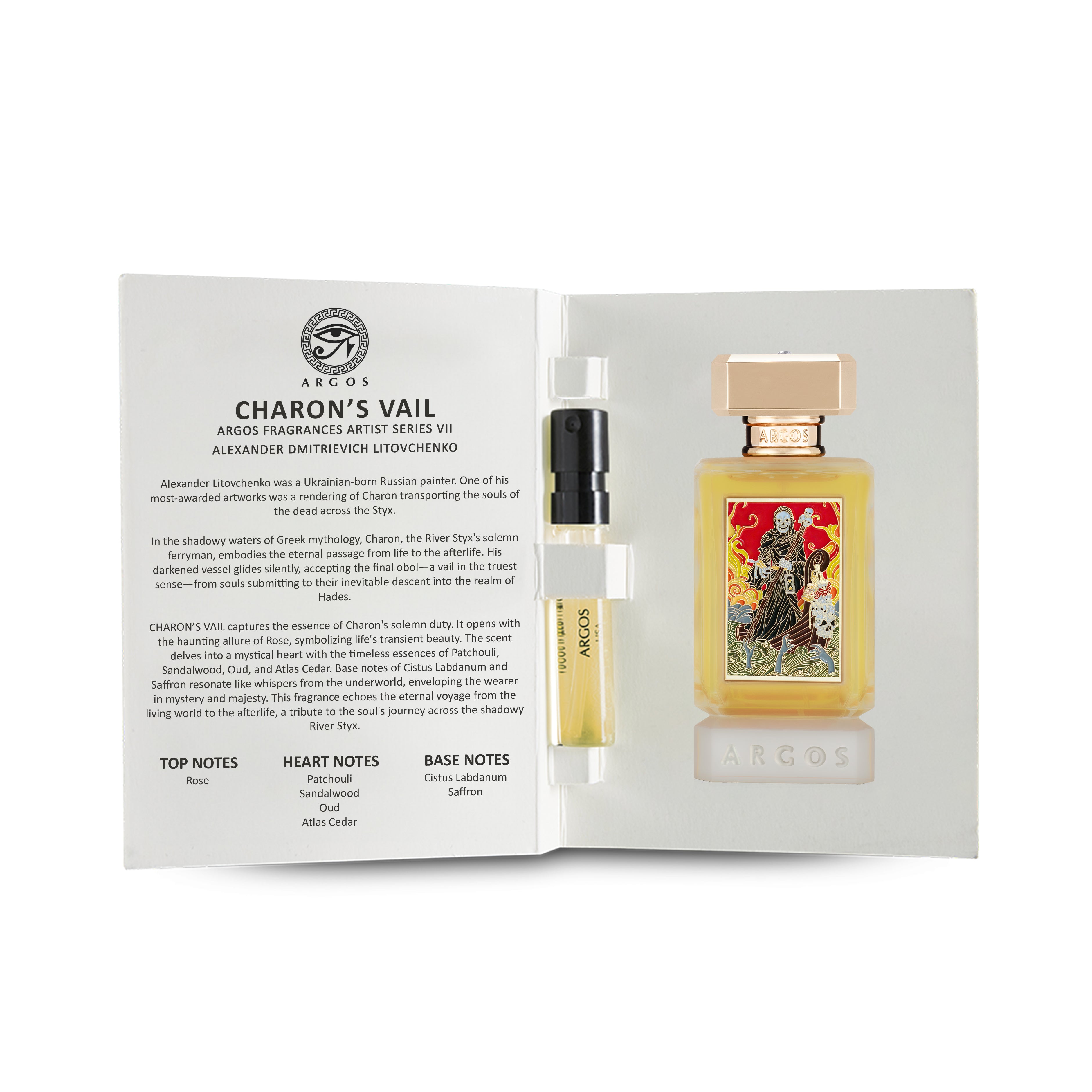 Argos Charon's Vail sample vail and booklet with fragrance charactersitics and ingredients details