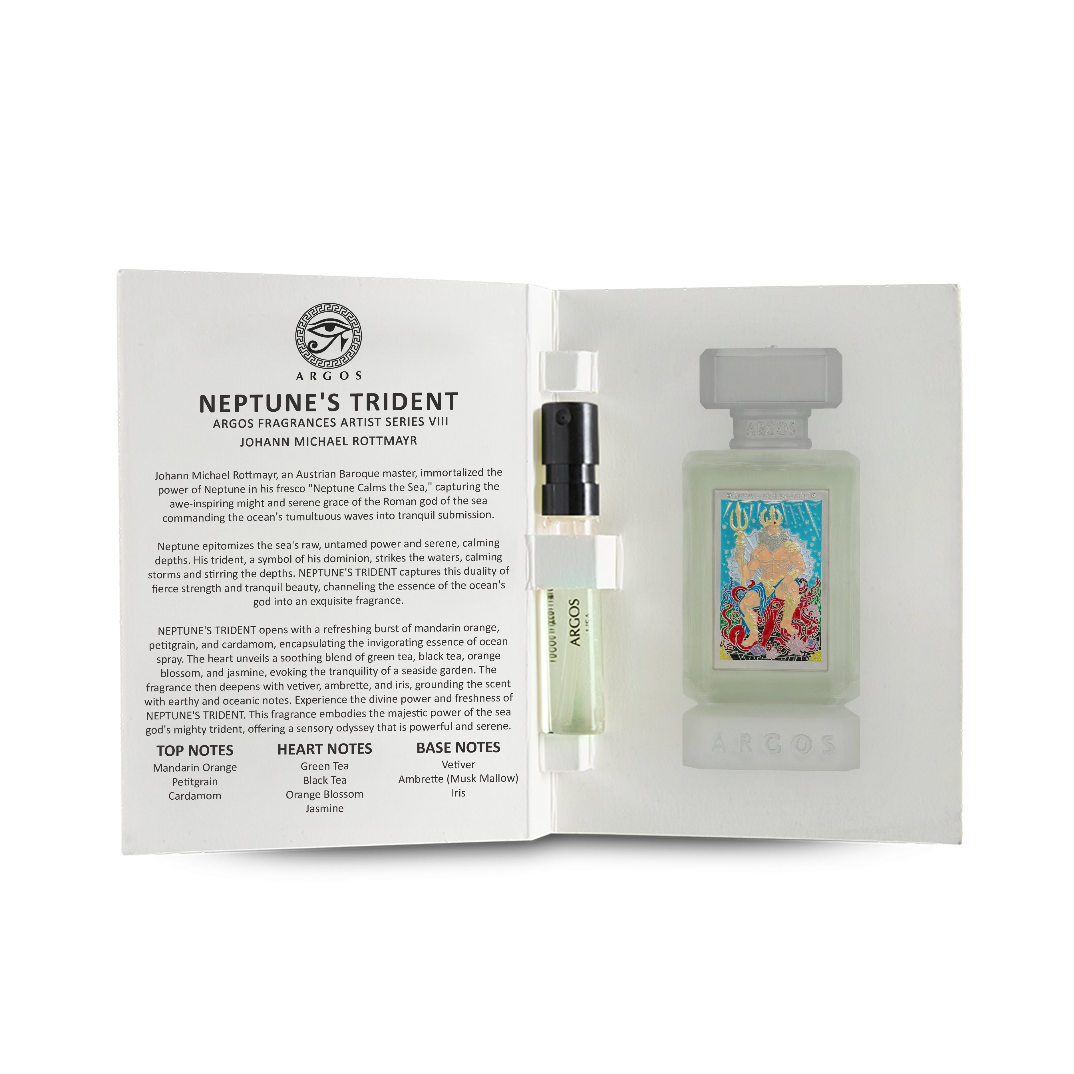 Argos Neptune's Trident sample vail and booklet with fragrance charactersitics and ingredients details