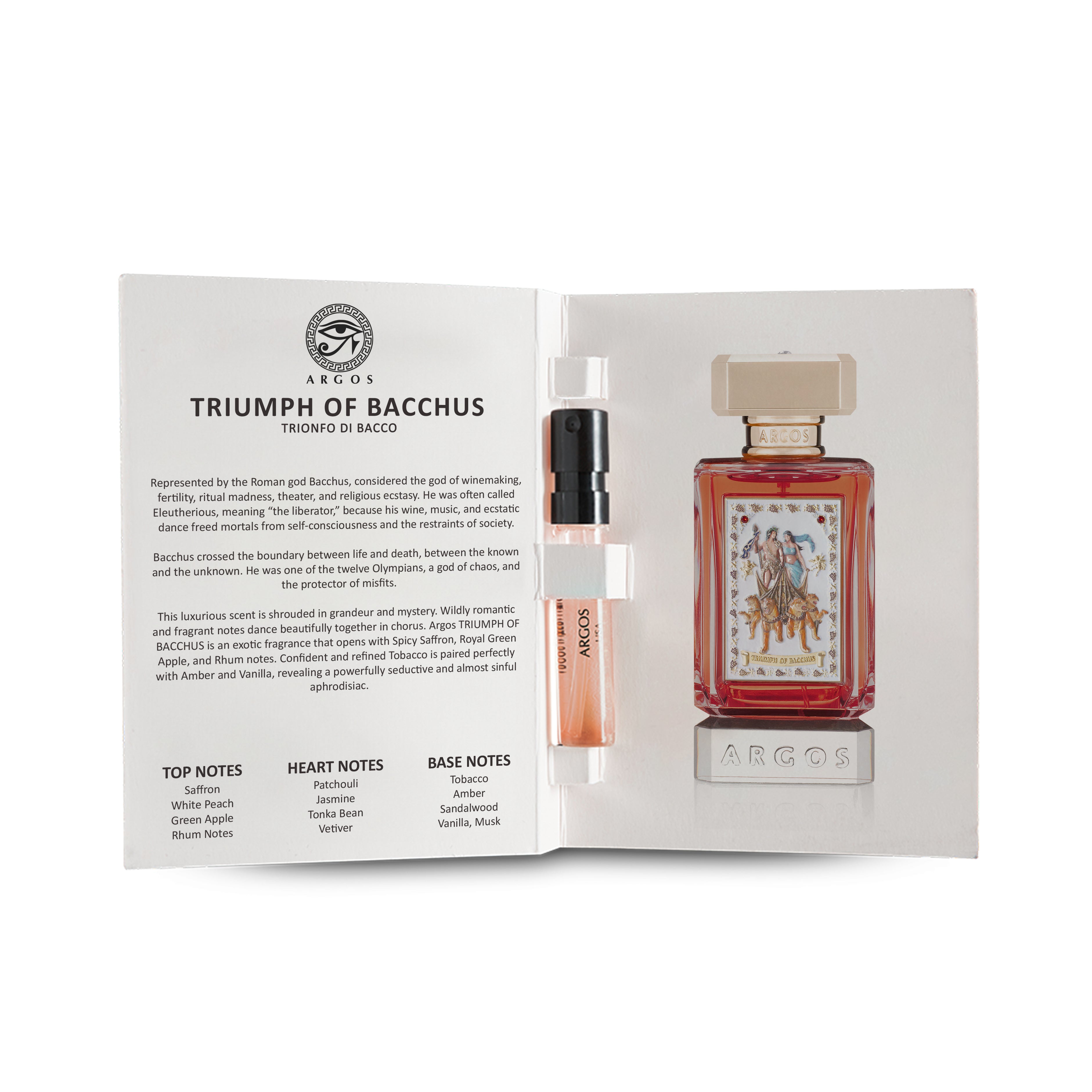 Argos Triumph of Bacchus extrait sample vail and booklet with fragrance charactersitics and ingredients details