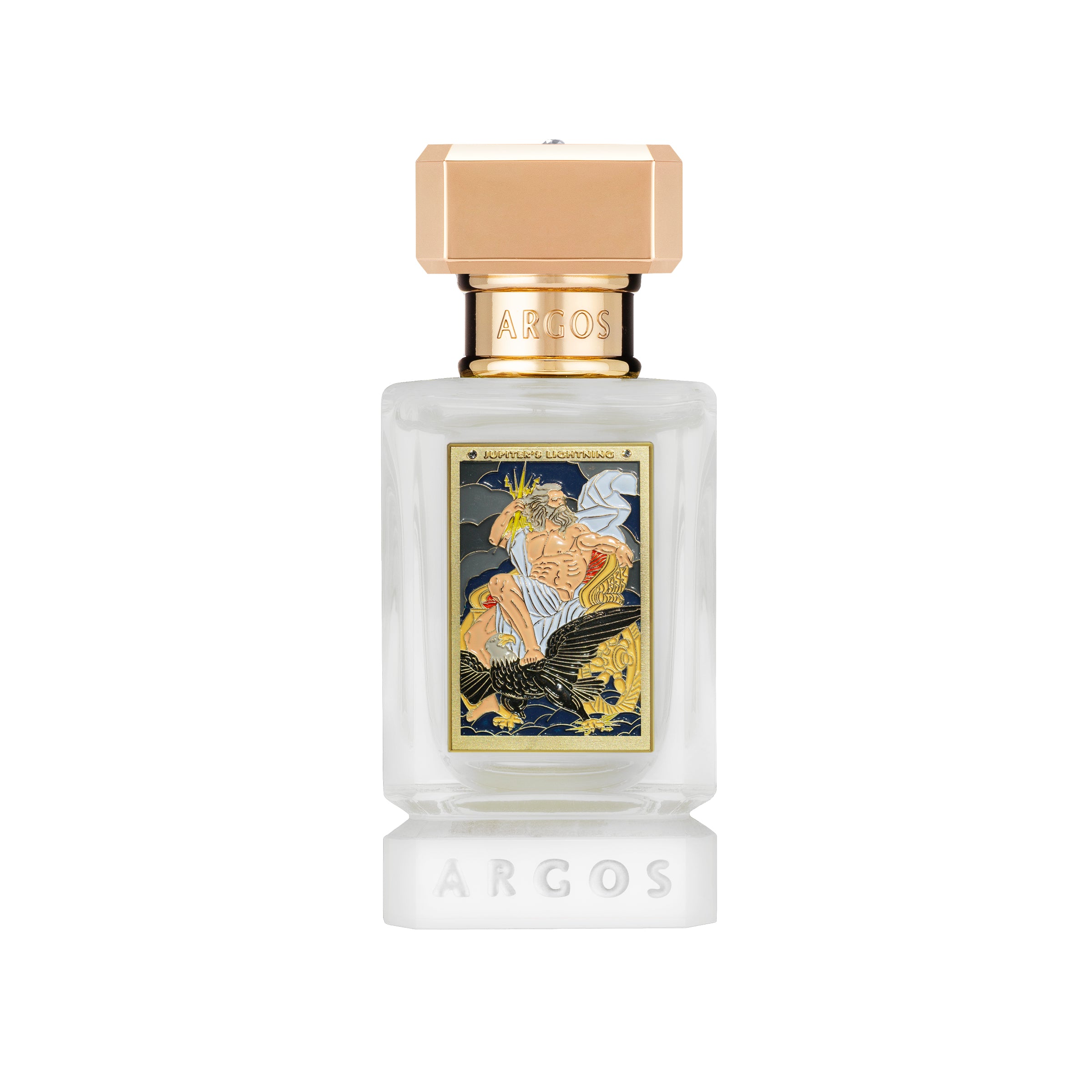 Jupiterers lightning 30ml front facing perfume bottle with gold cap and decorative label on a white background
