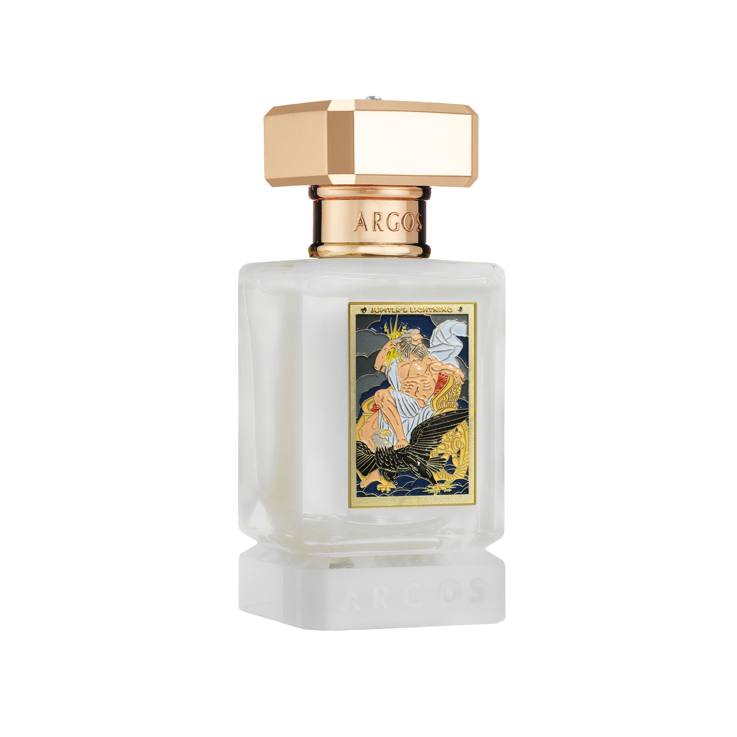 Jupiterers lightning 30ml left facing perfume bottle with gold cap and decorative label on a white background