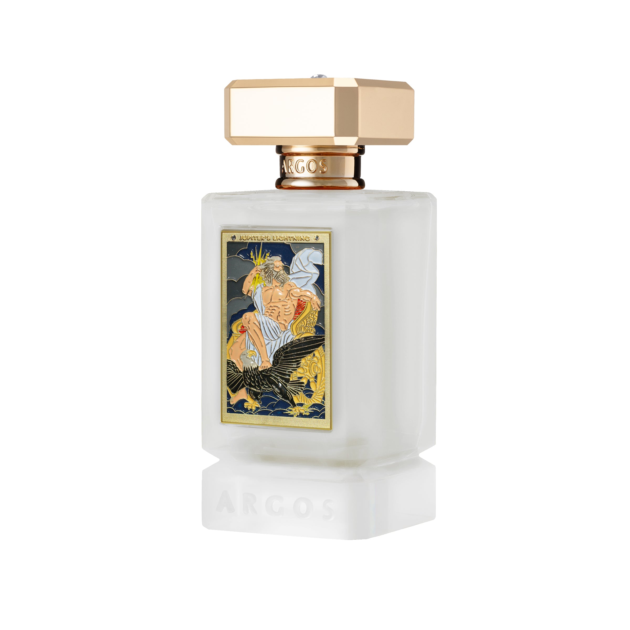 Jupiterers lightning 100ml right facing perfume bottle with decorative label on a white background