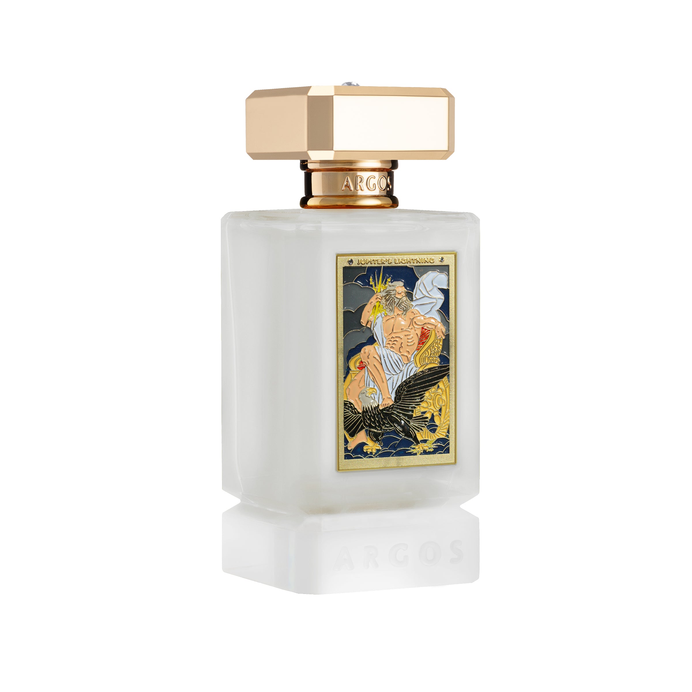 Jupiterers lightning 100ml left facing perfume bottle with gold cap and decorative label on a white background