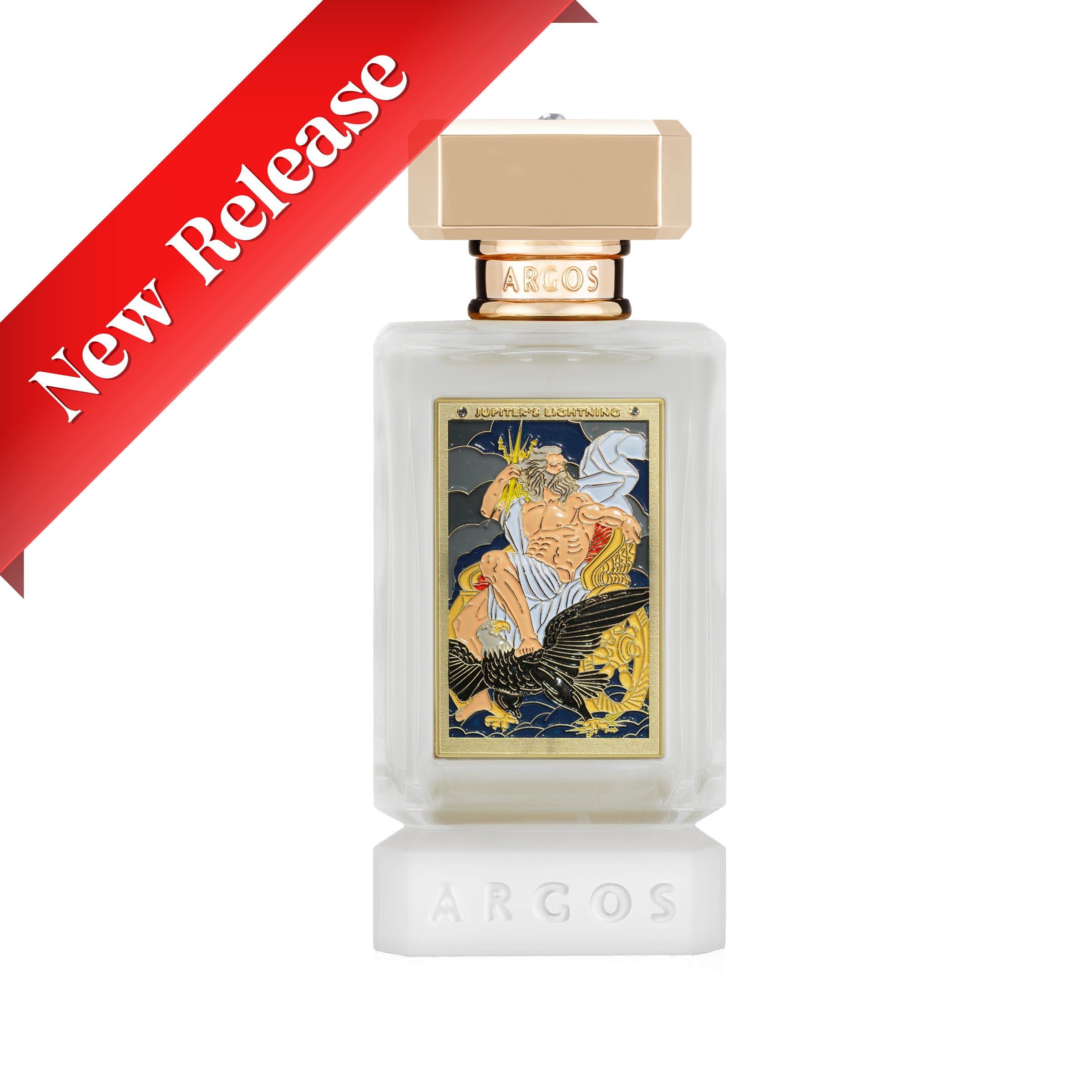 Jupiterers lightning 100ml front facing perfume bottle with classical design and 'New Release' banner on a white background