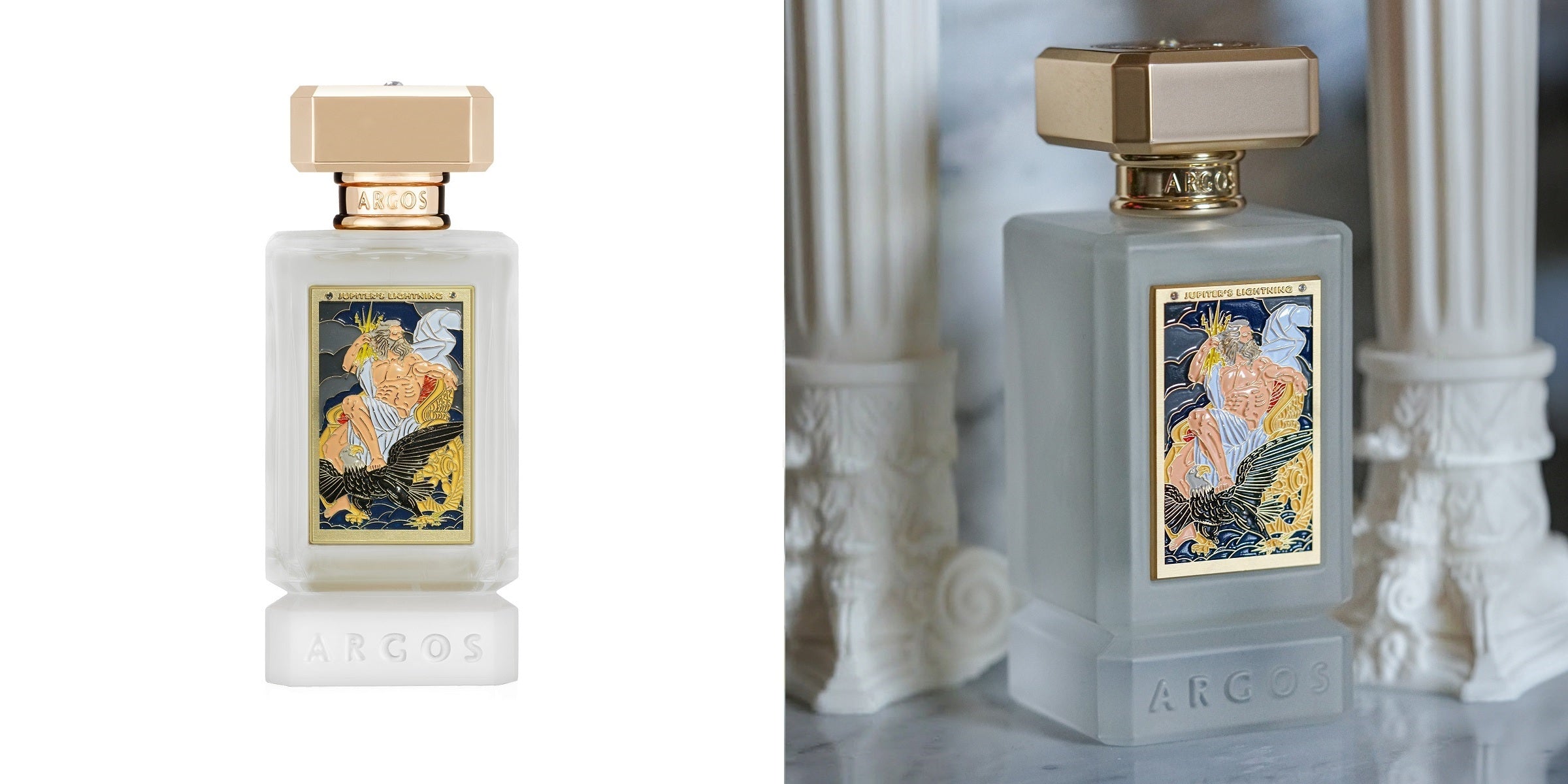 Argos jupiters lightning elegant perfume bottles with decorative labels on a classical architectural background.