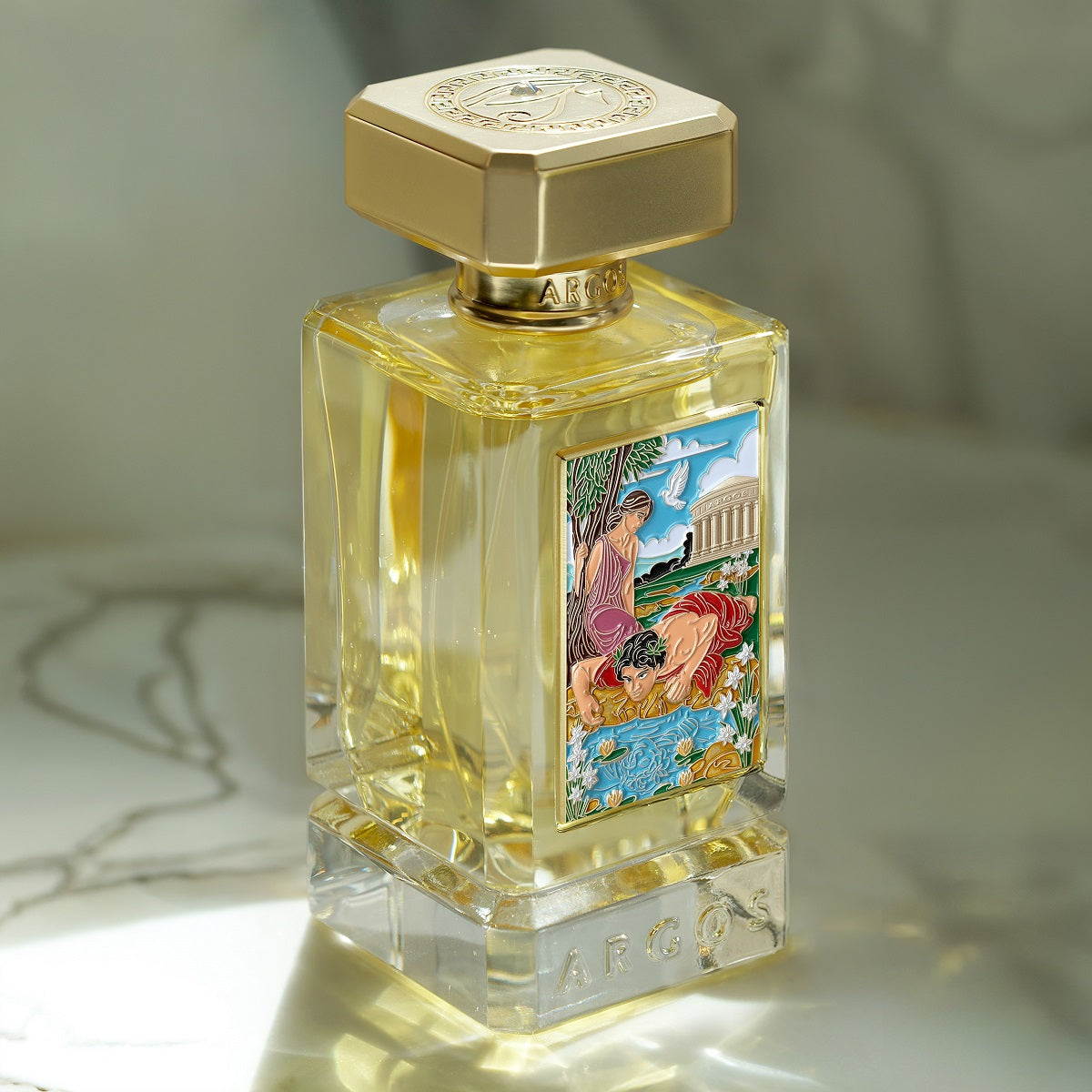 Narcissus Obsession In Bloom Perfume bottle with decorative label on a light background