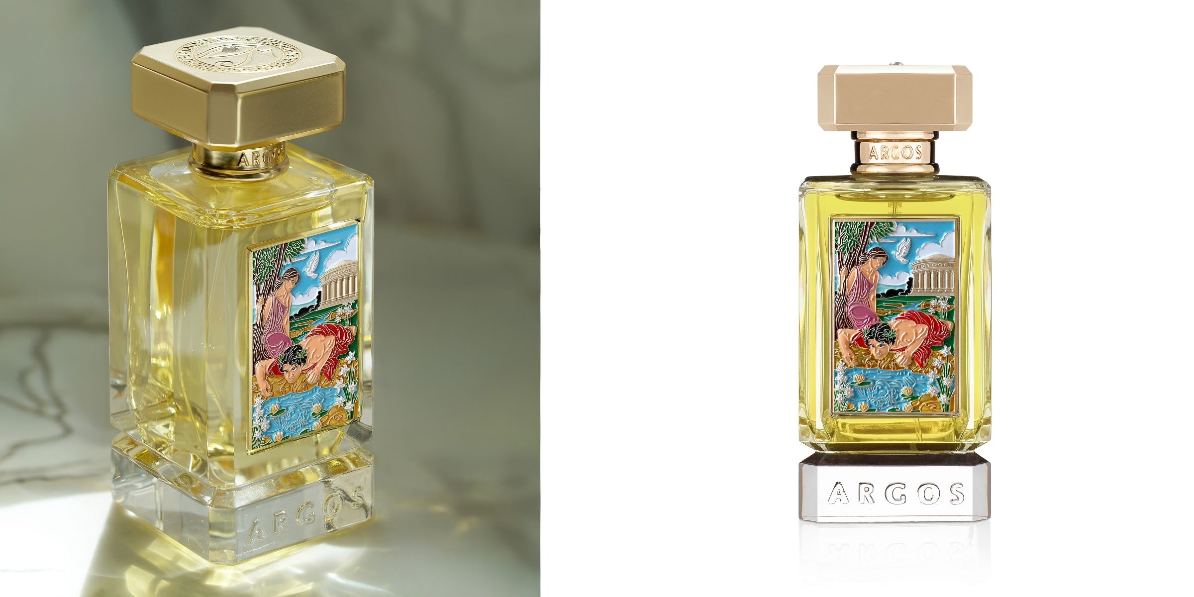 Two Argos Narcissus obsession in bloom perfume bottles with decorative labels on a neutral background