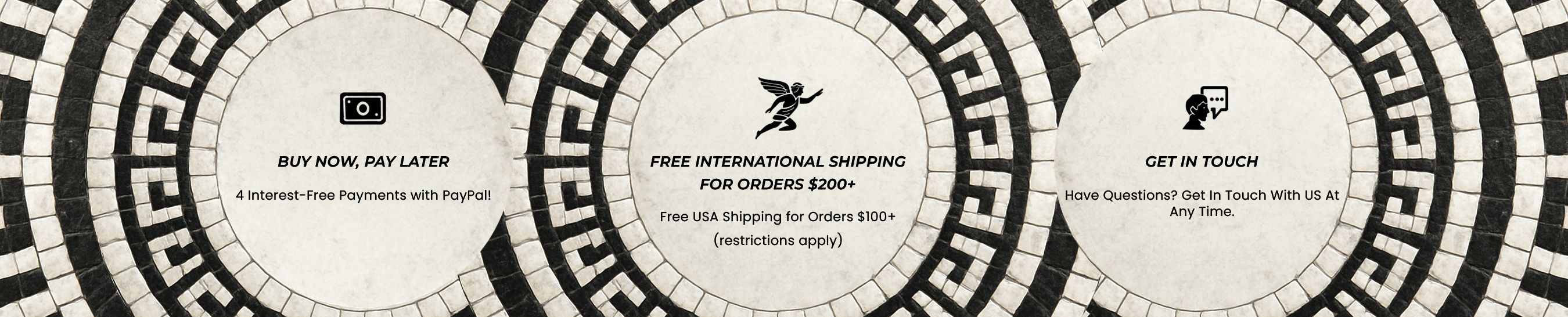 Three circular design elements with payment options and free shipping text and icons on a black and white patterned background.