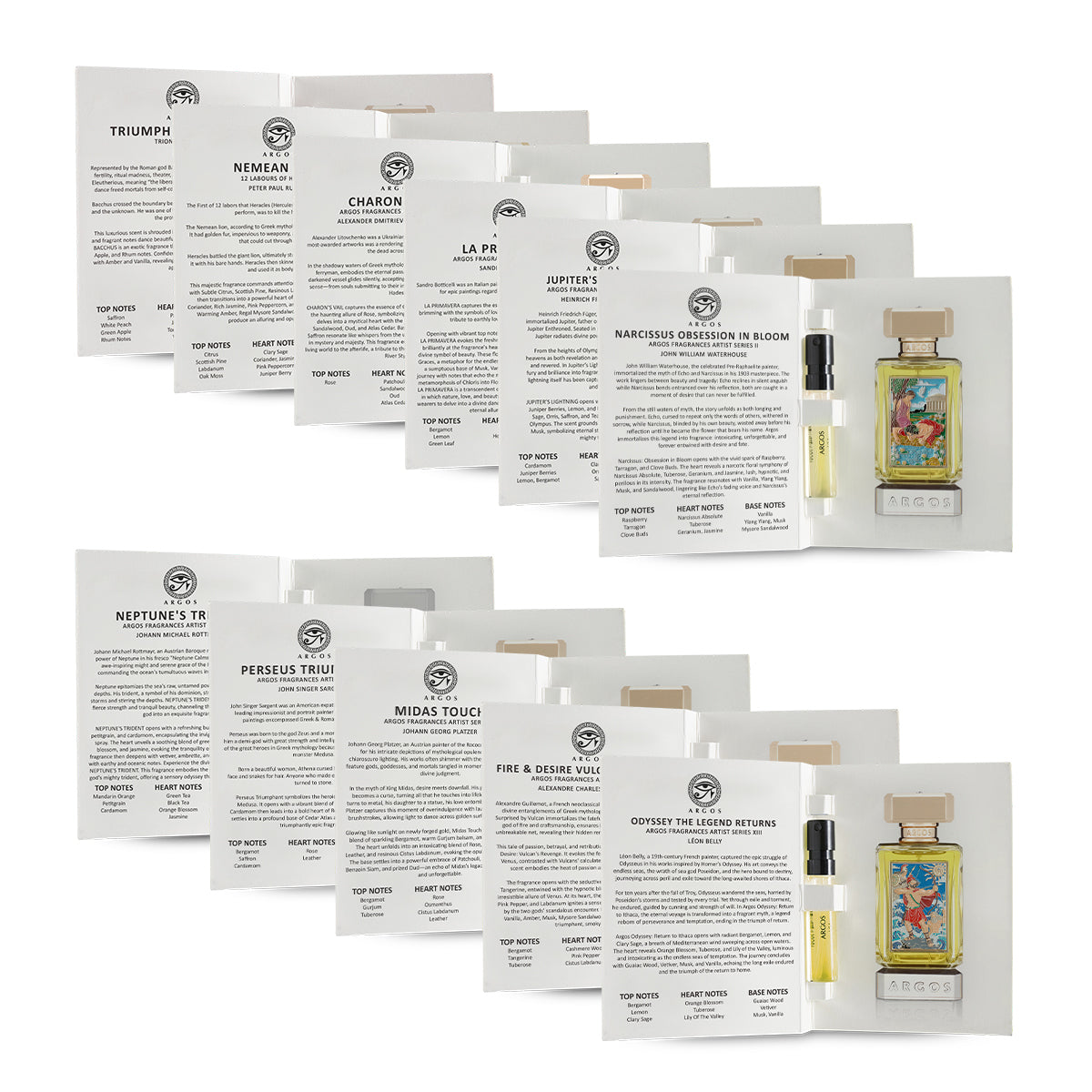 Collection of argos extrait de parfum sample packages with labels on a white background