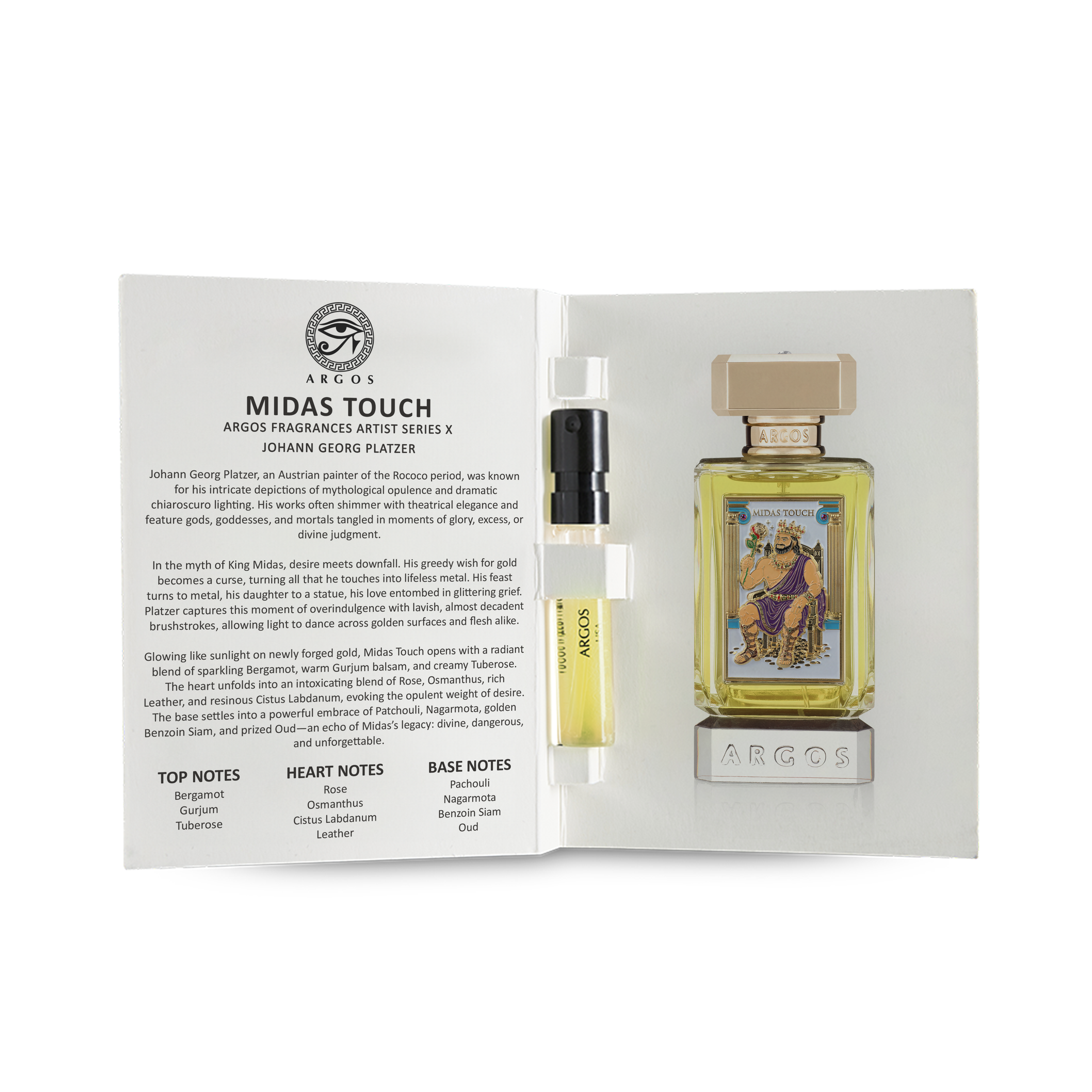 Image of an Argos Midas Touch Pefume Sample Booklet with details of characteristics and notes