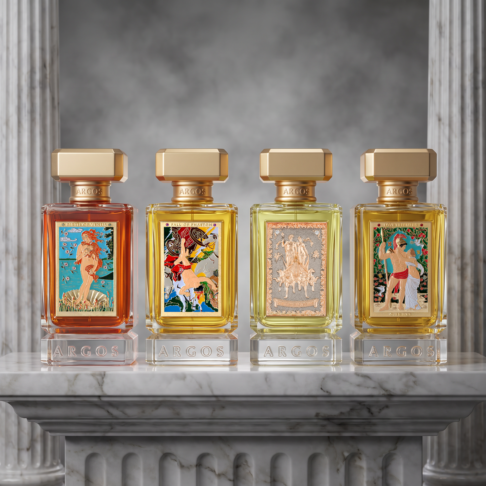 Four Argos perfume bottles lined up on a marble surface against a gray stone background. Each bottle has a gold cap and a colorful illustrated label, with amber, yellow, and pale green liquids inside.