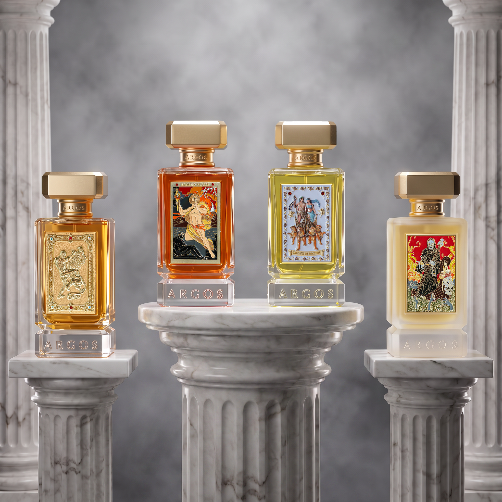 Four perfume bottles with gold caps displayed on white marble pedestals against a smoky gray background with classical columns. Each bottle has a colorful illustrated label and reflects light.