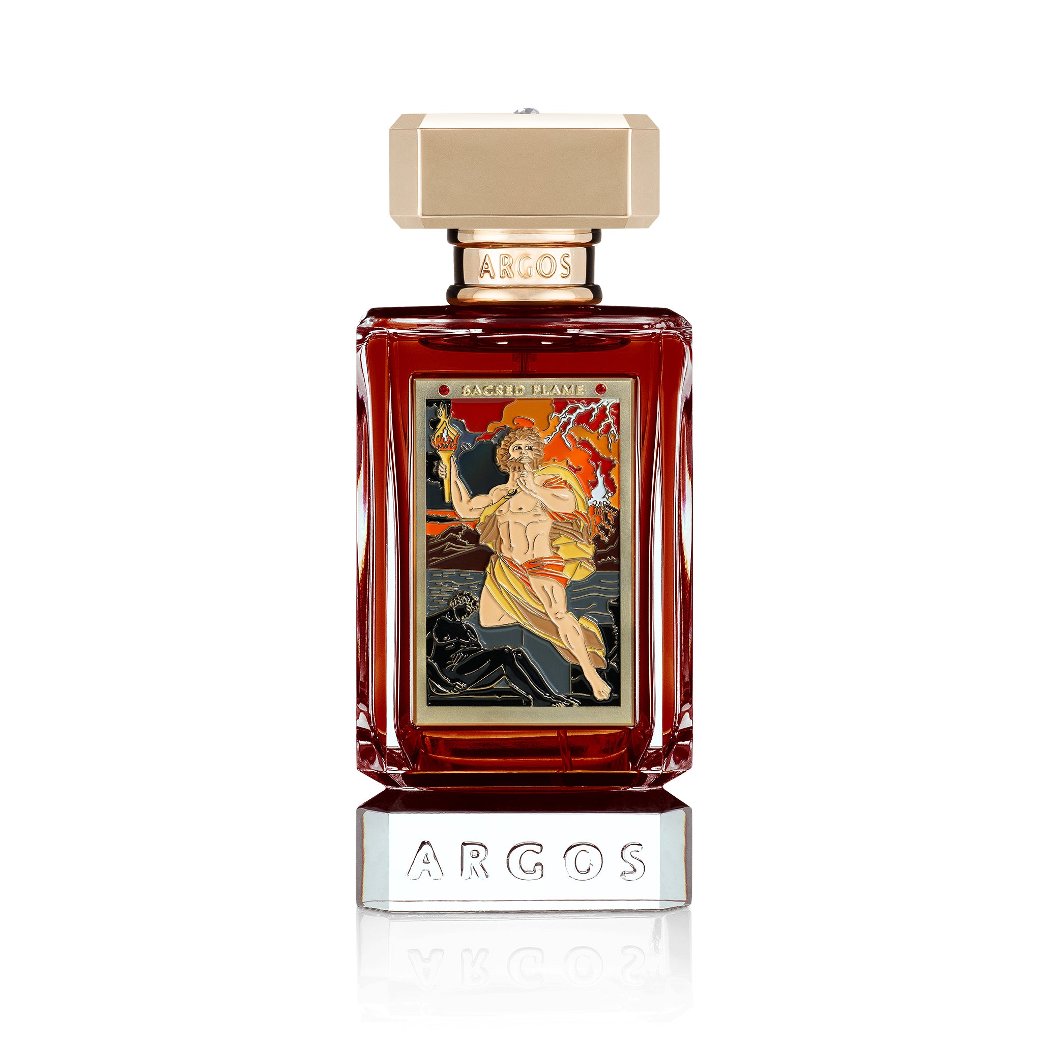 Front view of Argos Sacred Flame 100ml perfume bottle on a white background.