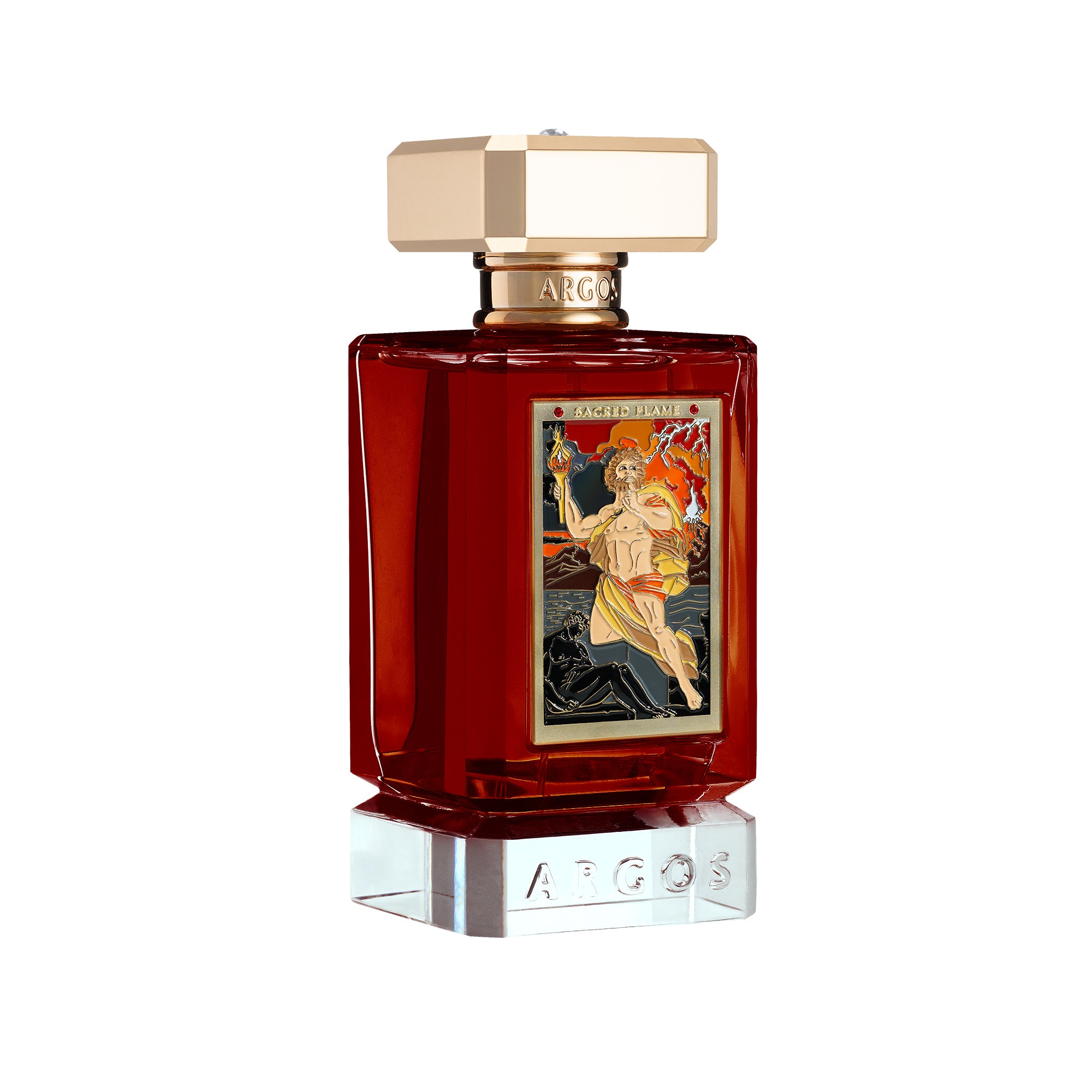 Left-facing angle of Argos Sacred Flame 100ml bottle showing the bottle depth and design.