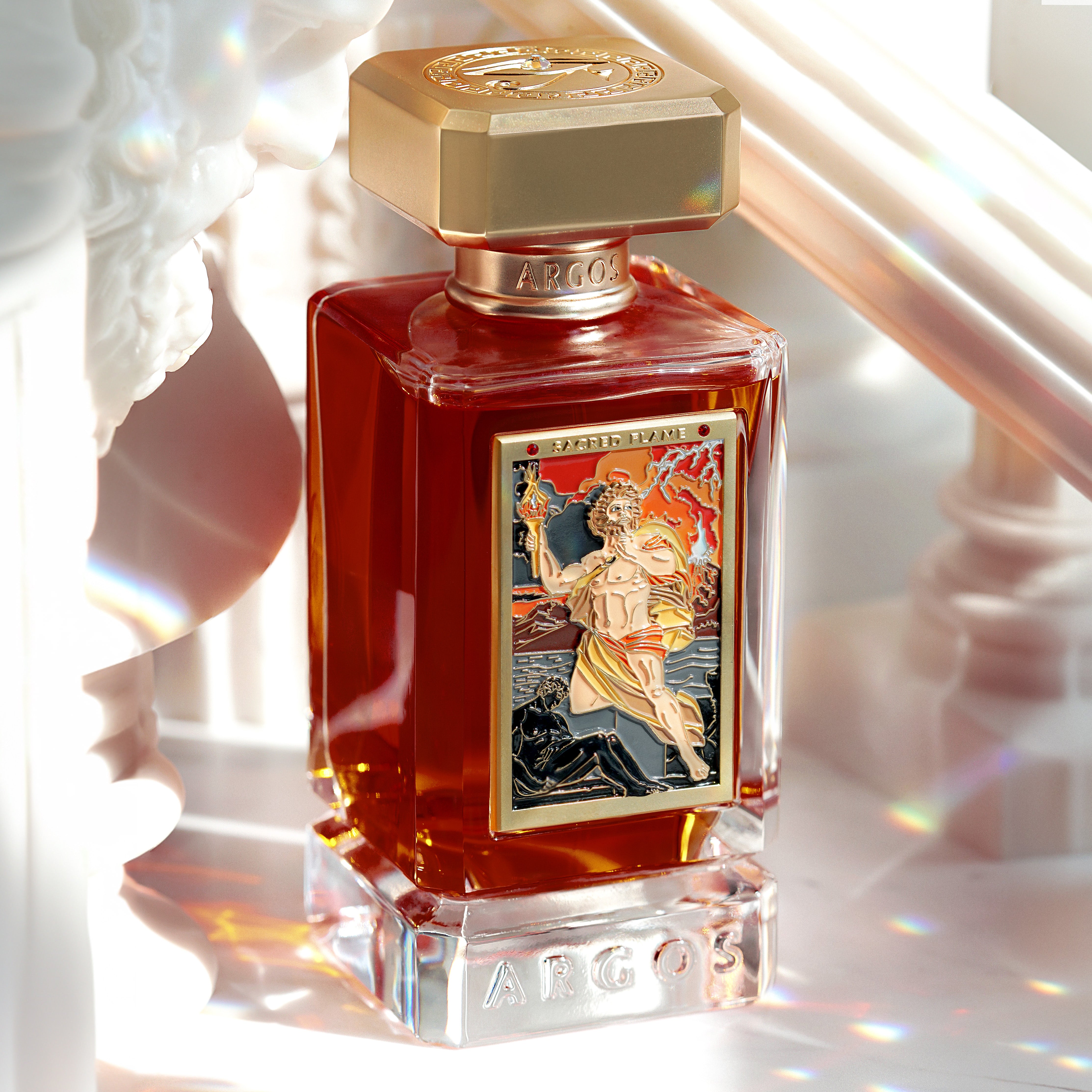 Styled Argos Sacred Flame 100ml perfume bottle captured in a professional photoshoot, square layout.