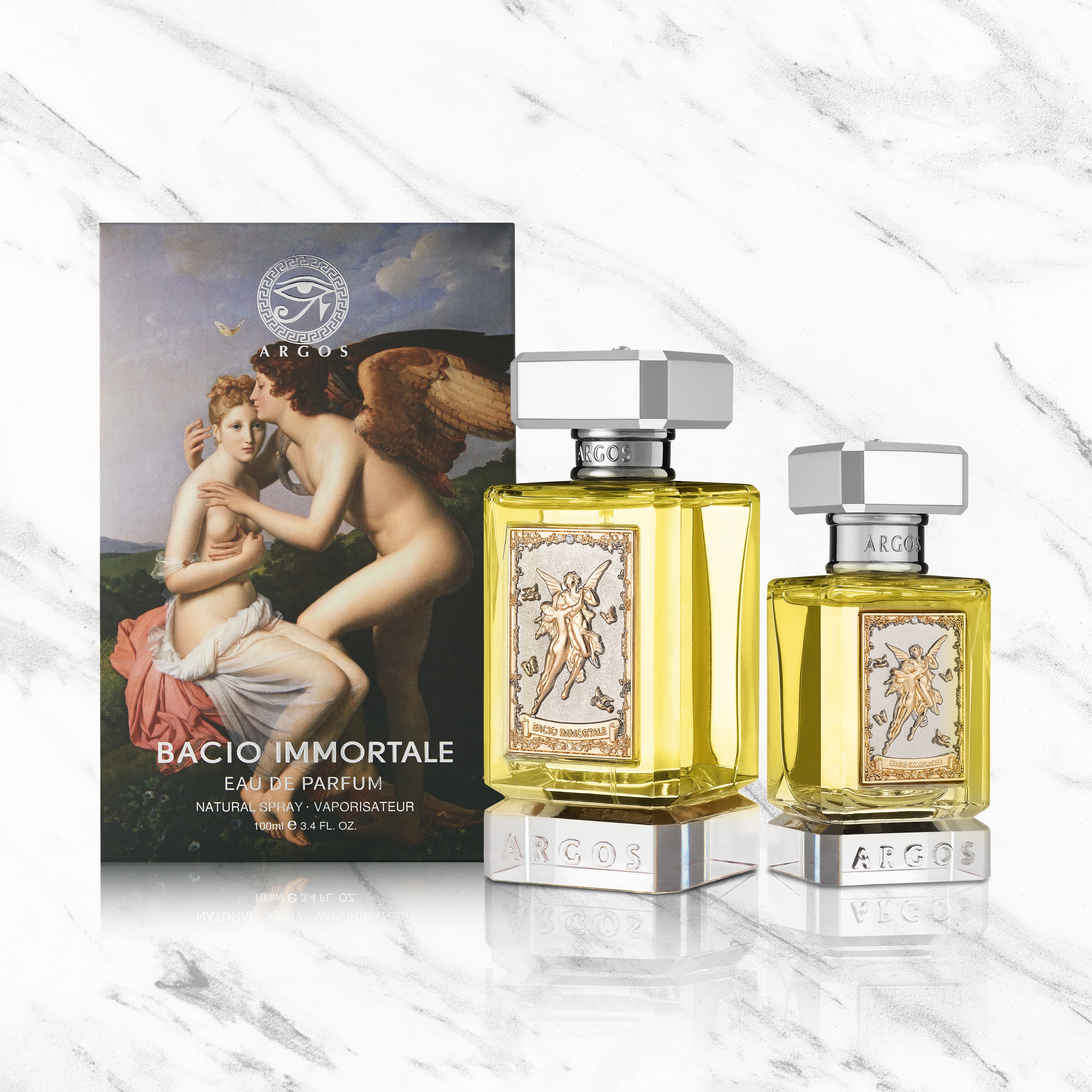 Argos Bacio Immortale New Crystal Added 100ml and 30ml Perfume with White Marble Background