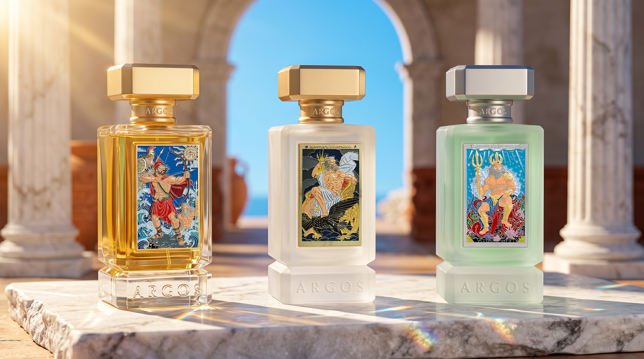 Three Argos Fragrances summer 2026 Extrait de Parfum bottles, Odyssey The Legend Returns, Jupiter's Lightning, and Neptune's Trident, on sun-warmed white marble with Mediterranean architecture and golden hour light