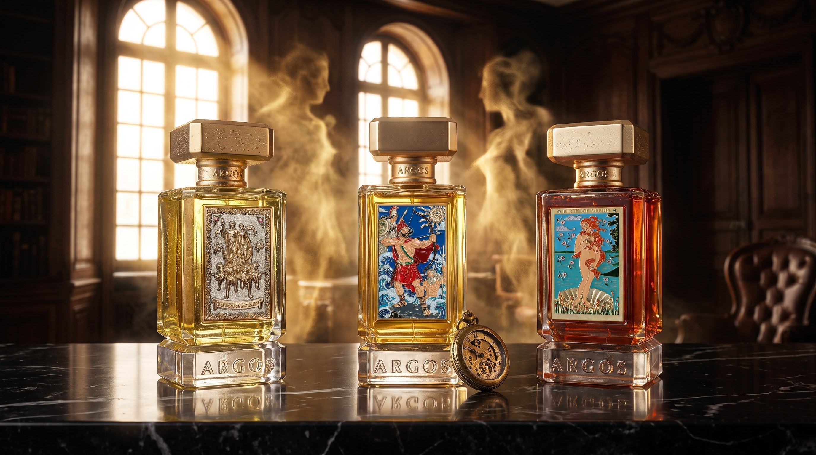 An Argos Fragrances Extrait de Parfum bottle on an elegant vanity beside a leather journal
