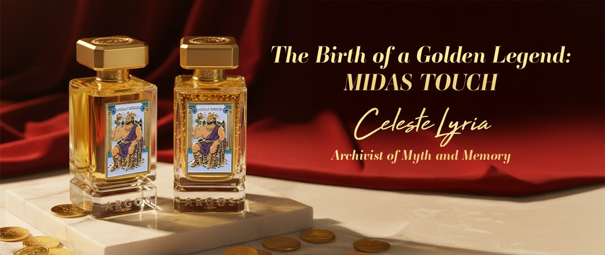 Two fragrance bottles Argos Midas Touch 100ml 24K edition and Midas Touch 100ml regular edition on a podium with red colour background