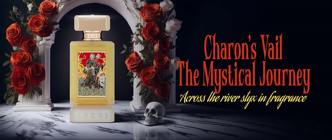 Argos Charon's Vail fragrance bottle with Dutch ship and dark sky backdrop.