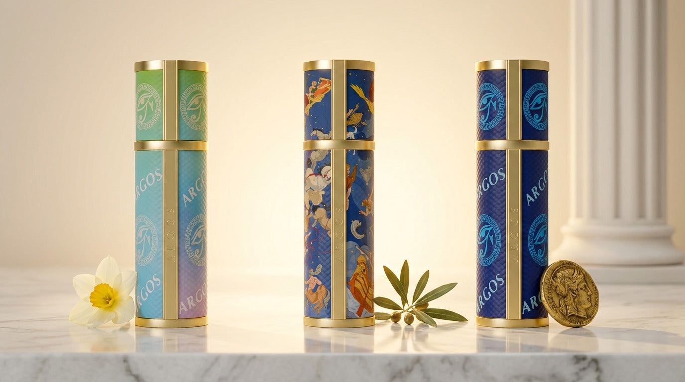 Argos Luxury Travel Atomizers in Ethereal Bloom, Greek Zodiac Gods and Legends, and Mythic Blue designs displayed on a marble surface