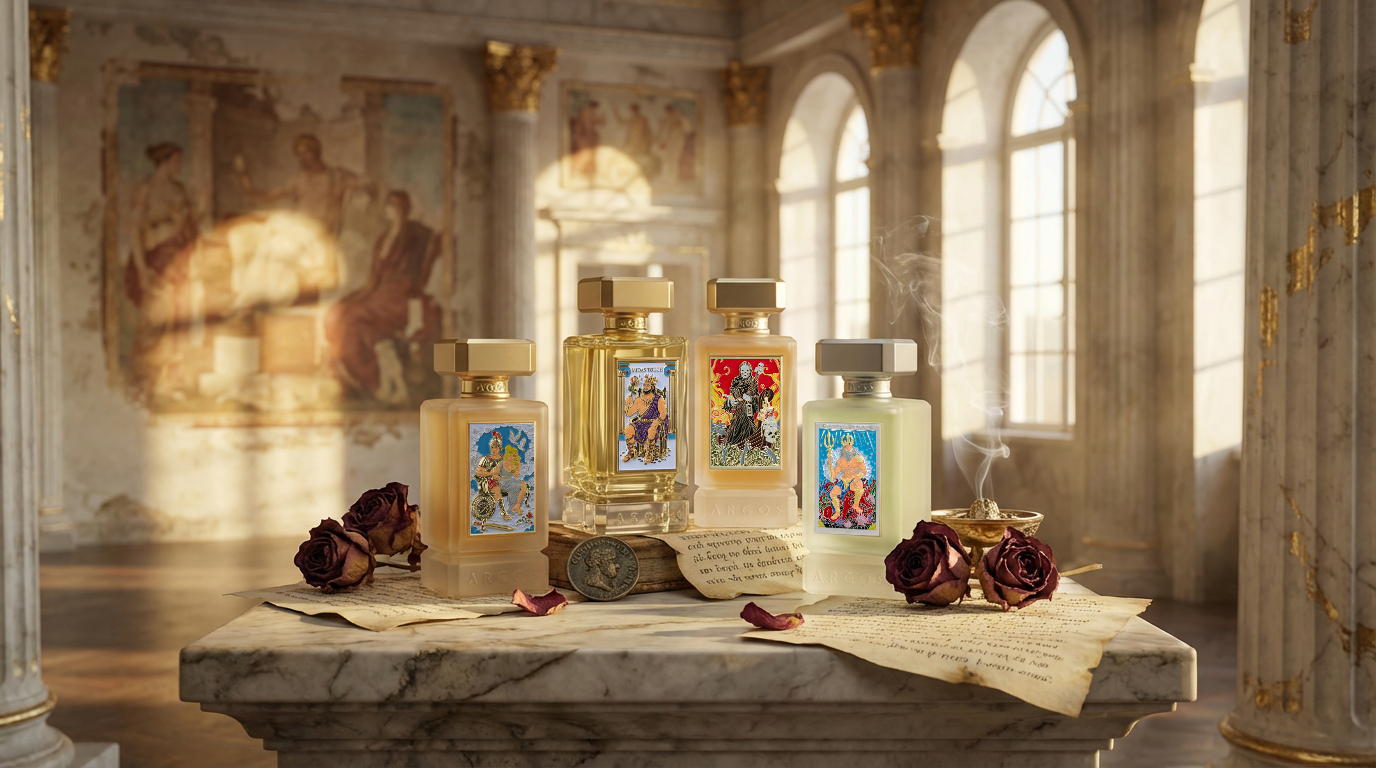 Argos Fragrances mythology-inspired niche perfume collection with classical art design elements