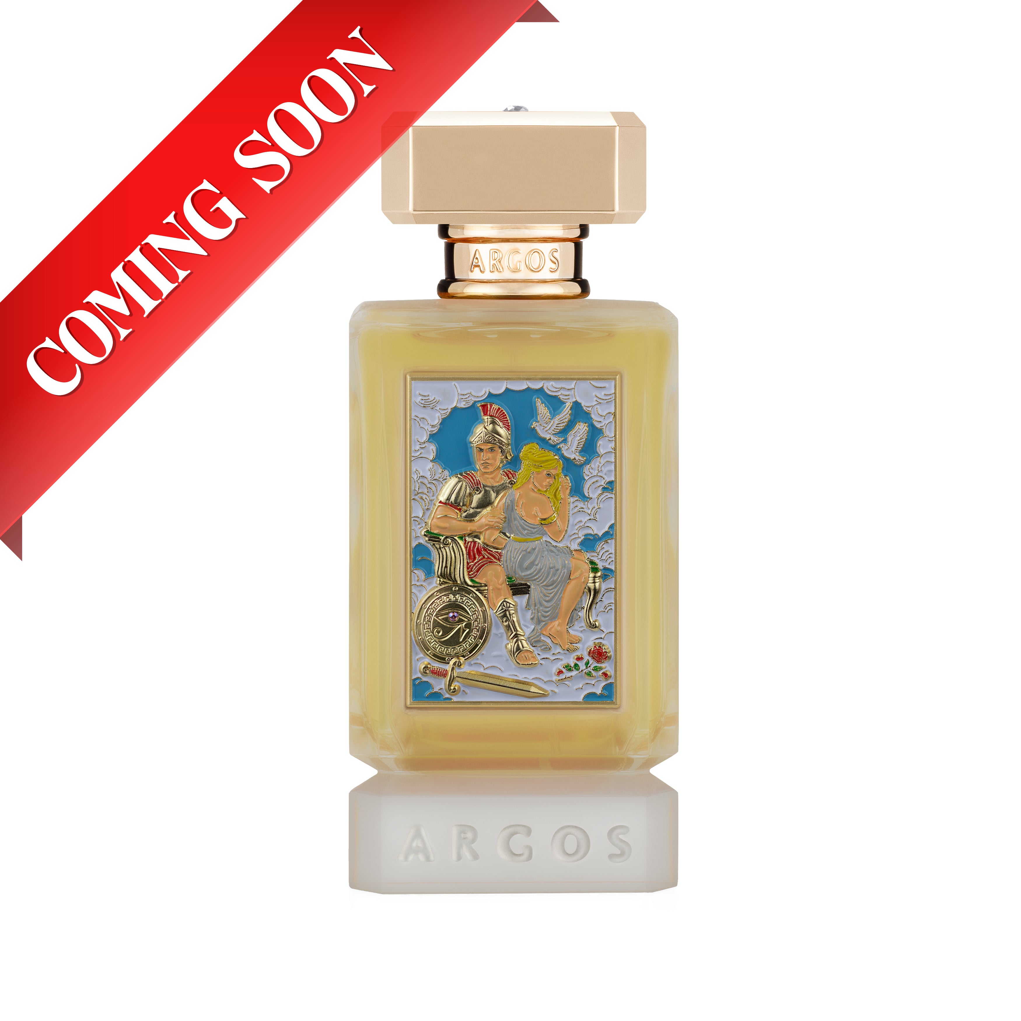 Argos FIRE AND DESIRE VULCAN'S REVENGE Perfume bottle with decorative label on a white background and Coming Soon Label