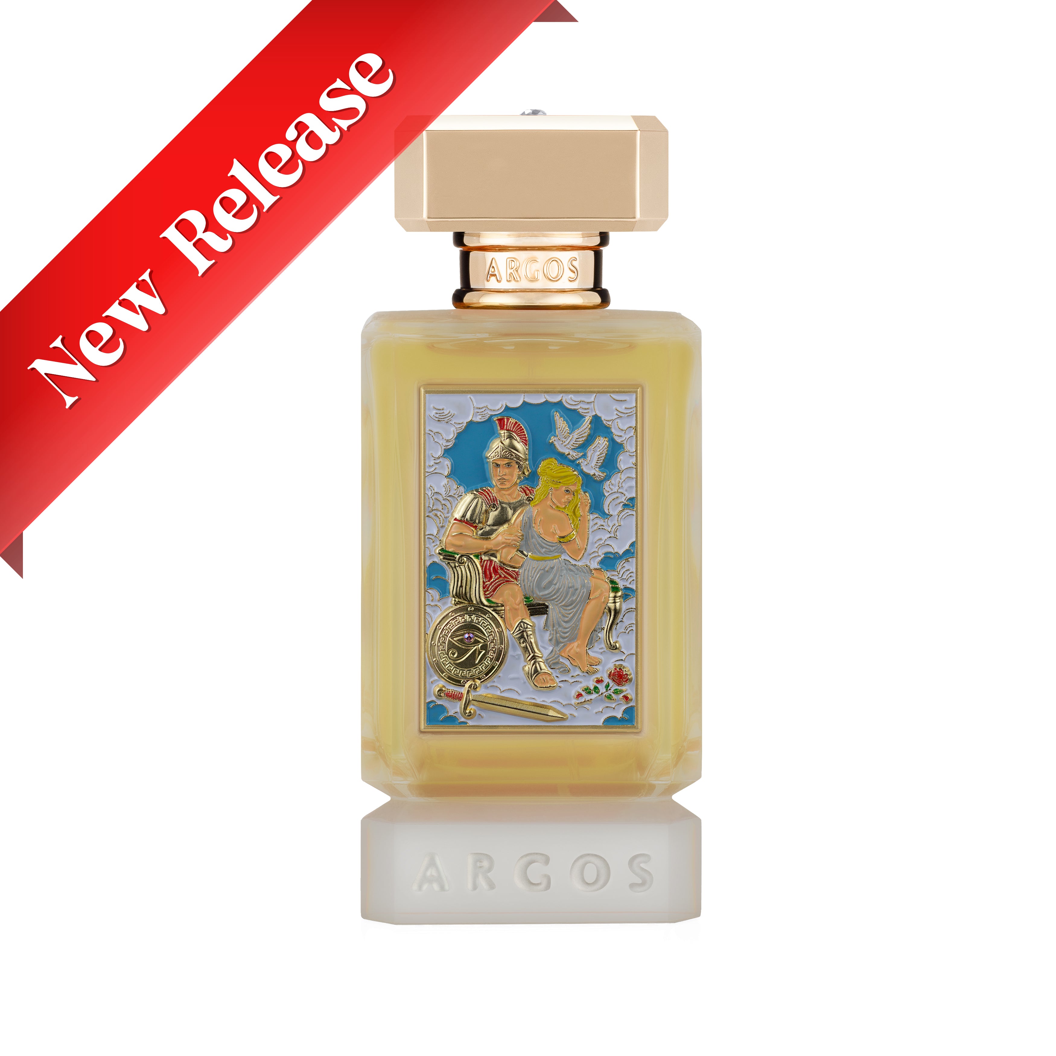 Fire and Desire Perfume bottle with classical design and 'New Release' label on a white background