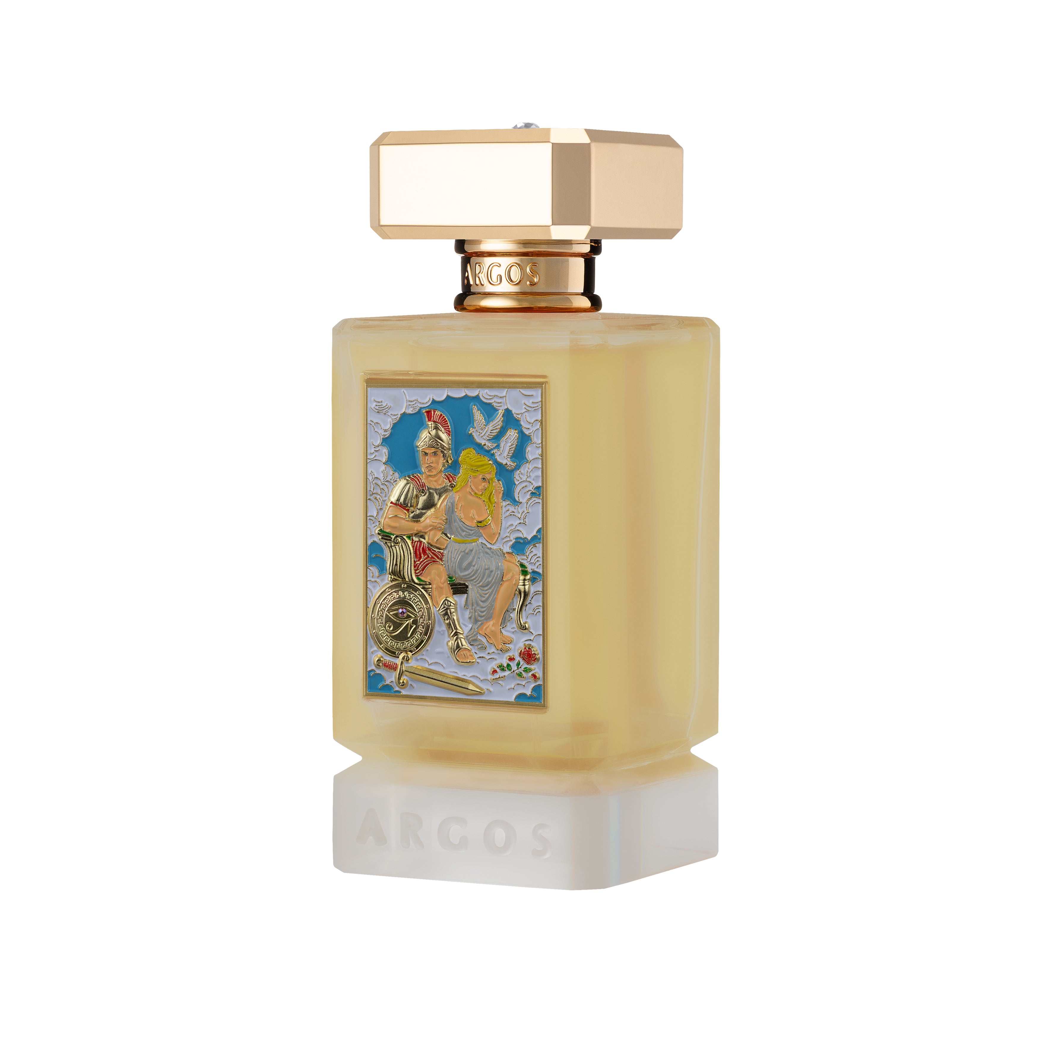 Argos FIRE AND DESIRE VULCAN'S REVENGE Perfume bottle with decorative label on a white background Right Facing