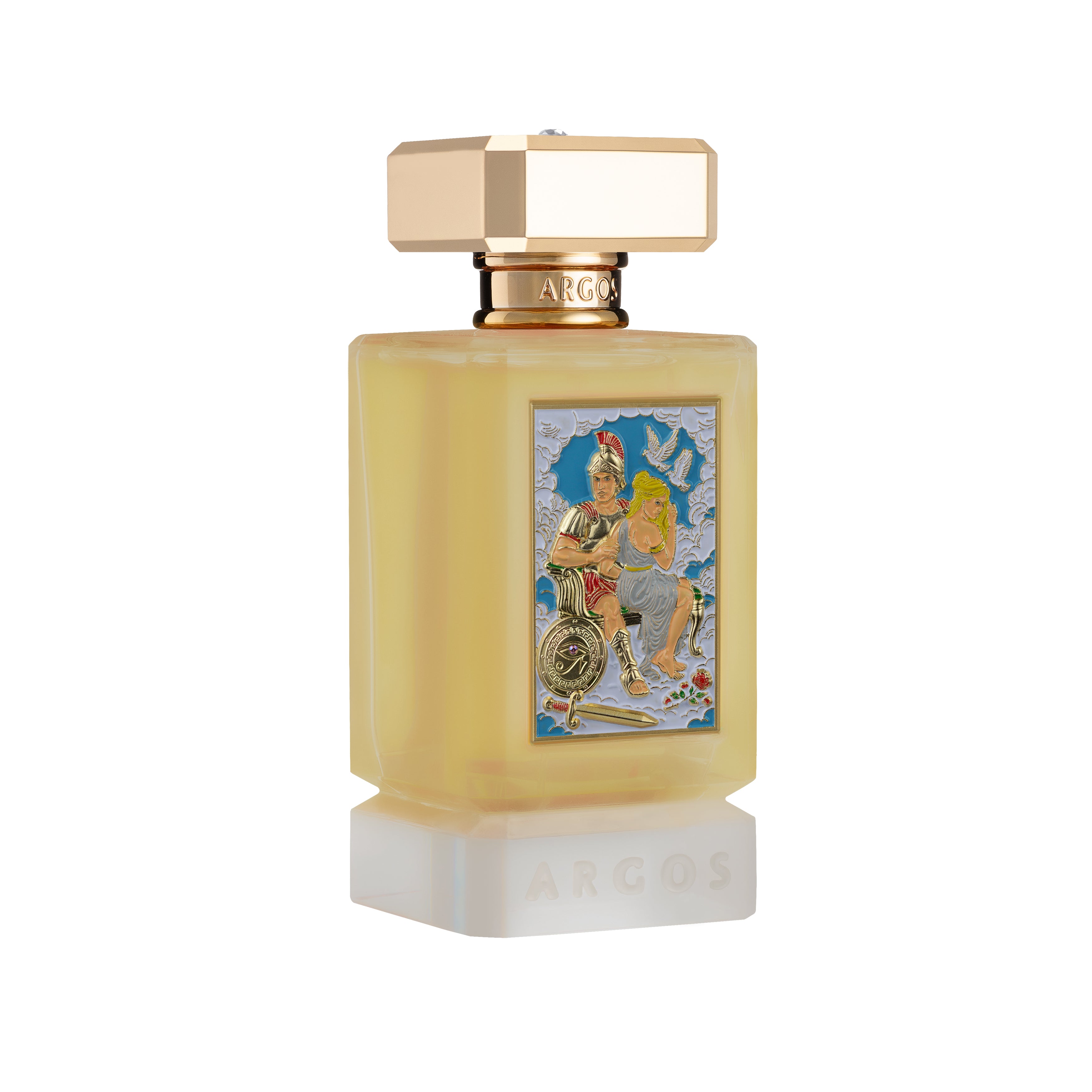 Argos FIRE AND DESIRE VULCAN'S REVENGE Perfume bottle with decorative label on a white background Left Facing