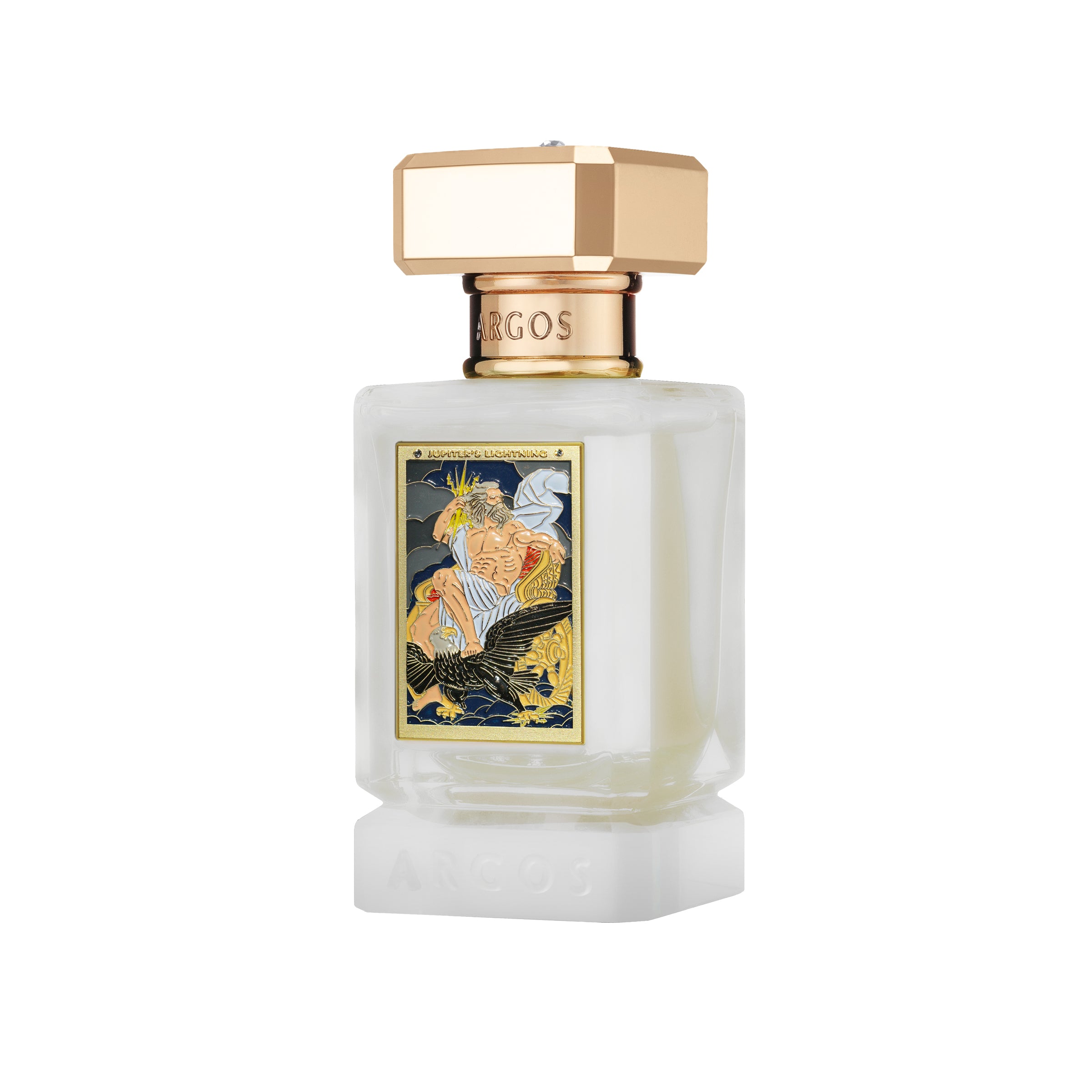 Jupiterers lightning 30ml right facing perfume bottle with gold cap and decorative label on a white background