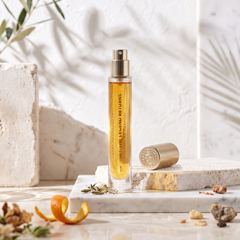 A clear cylindrical perfume bottle filled with golden amber liquid stands on a white marble slab, with its matching gold cap placed beside it. The bottle is labeled 'Odyssey The Legend Returns' and 'Eau de Parfum'.