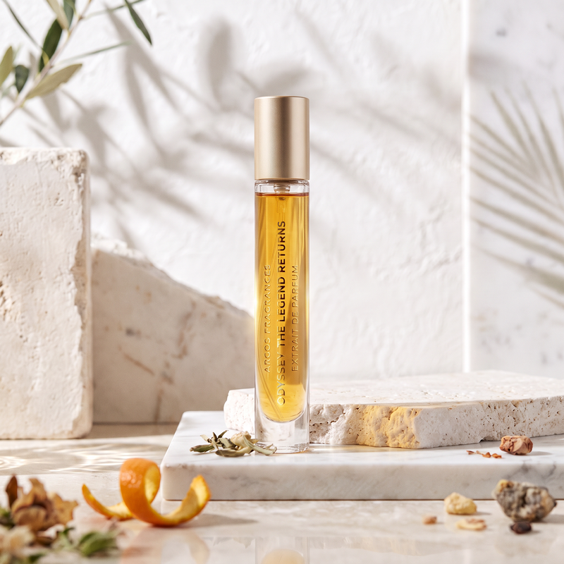 A clear cylindrical perfume bottle filled with golden amber liquid, topped with a metallic gold cap, standing on a white marble slab with dried botanicals and stone props in a bright, sunlit setting. The bottle is labeled 'Odyssey The Legend Returns' and 'Eau de Parfum'.