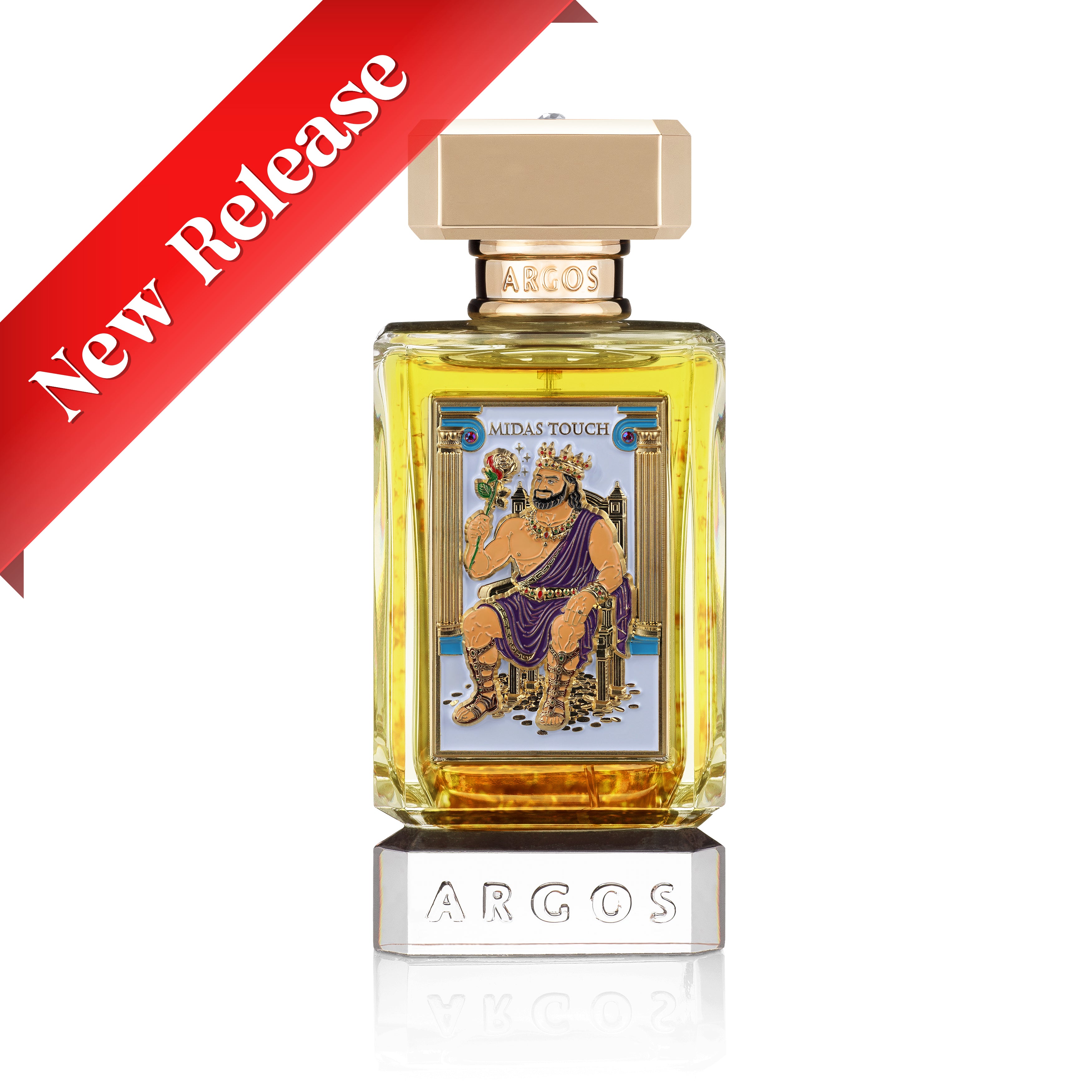 Argos Midas Touch 100ml 24K Edition Perfume bottle with gold cap and 'New Release' banner on a white background