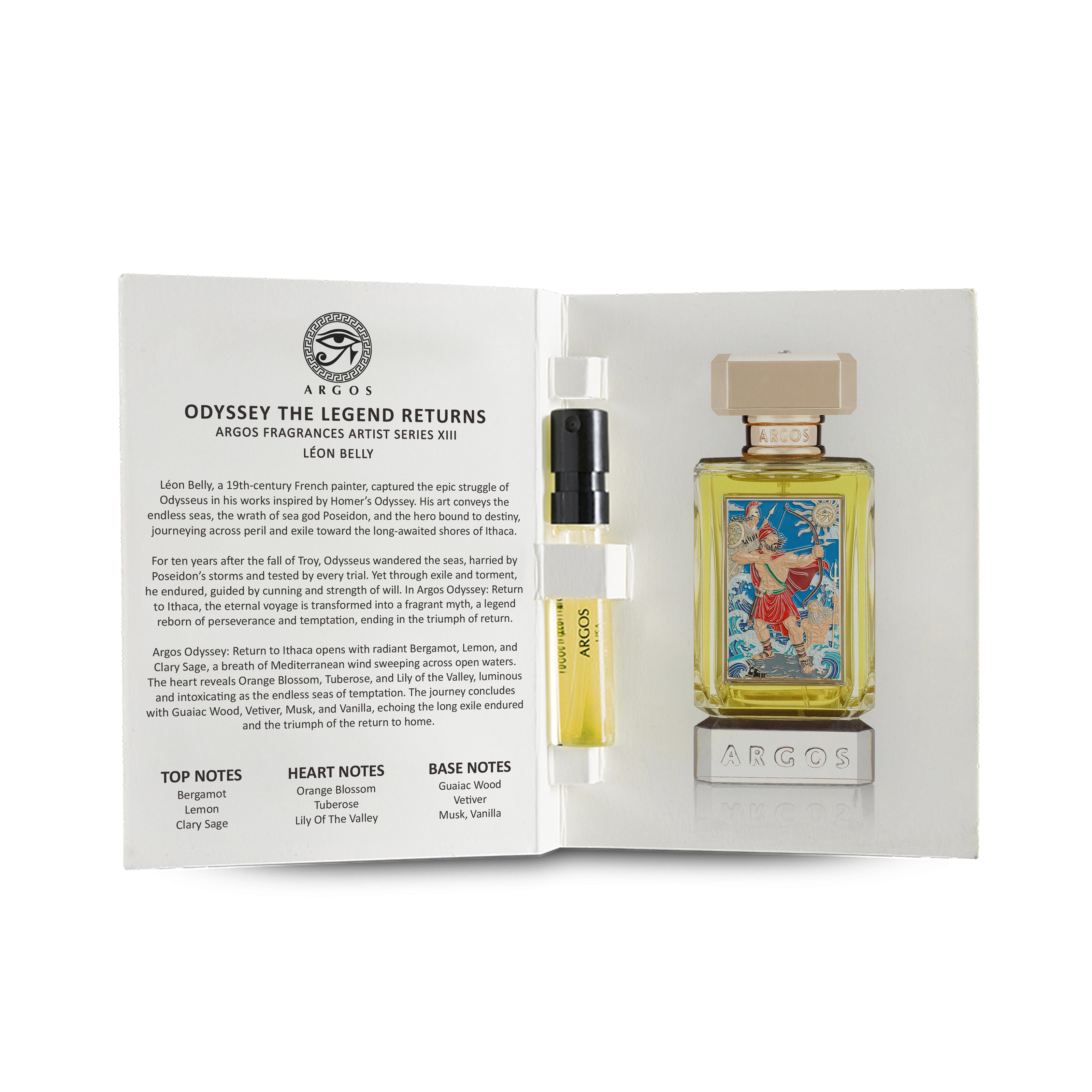 Argos odyssey the legend returns fragrance bottle with description card on a white background