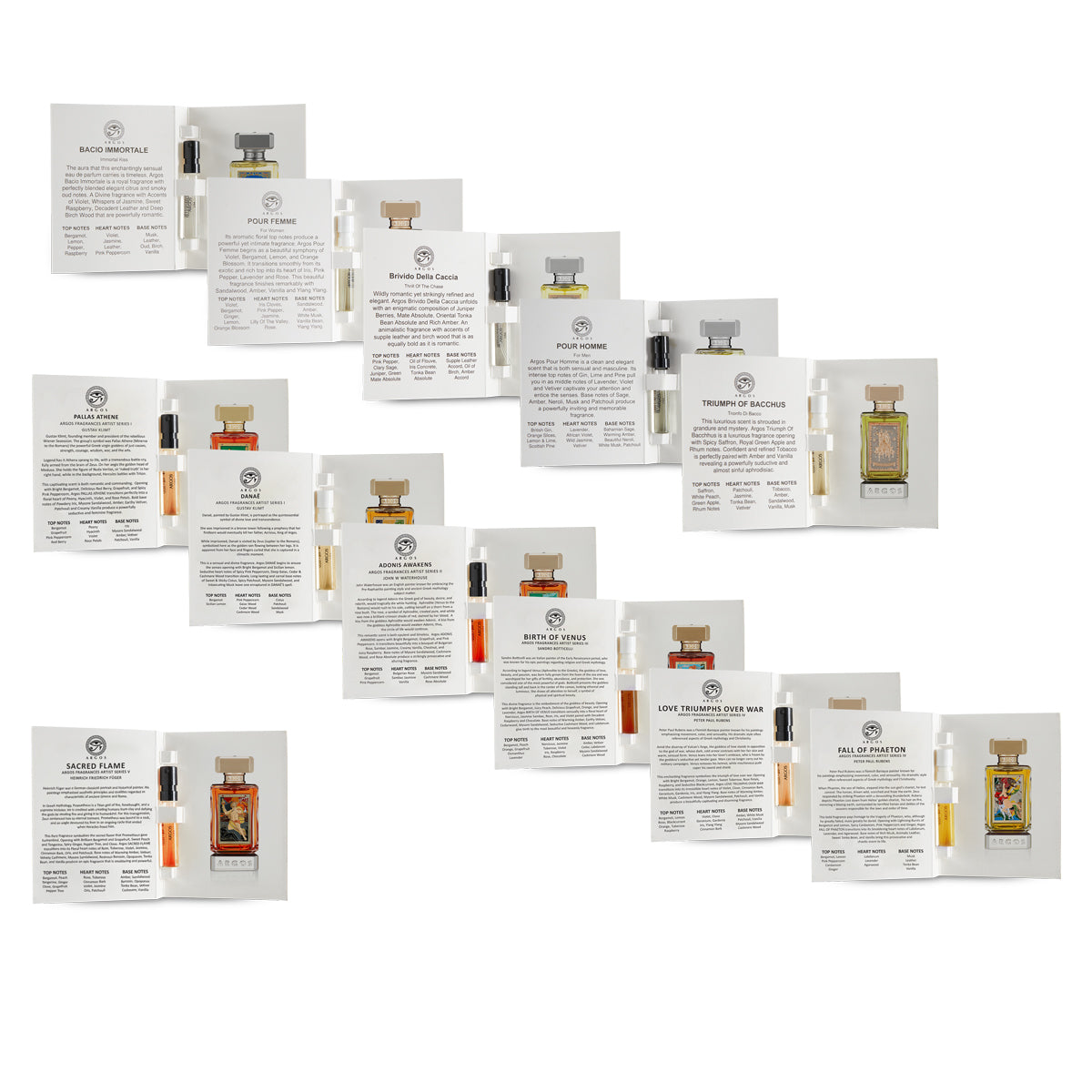 Collection of Argos Eau de perfume sample packages on a white background