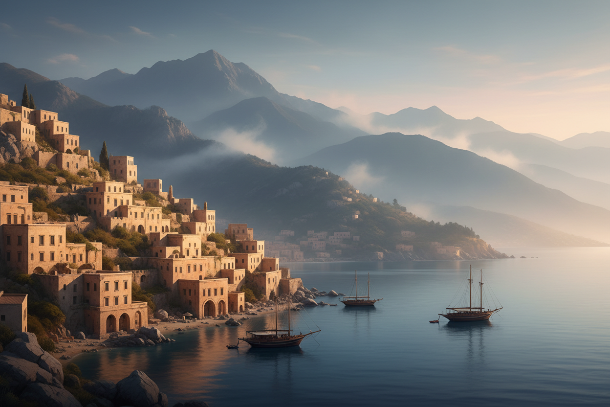 Ancient Mediterranean coastal city at golden hour, misty mountains in background, soft blue and grey tones, dreamy atmospheric landscape, luxury elegant mood, subtle and muted colors